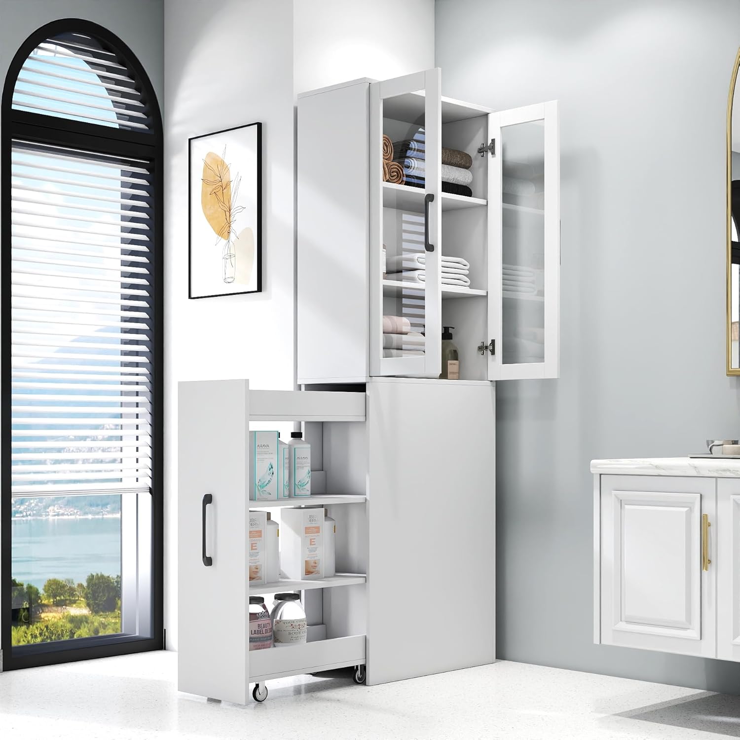 71" Tall Corner Bookshelf and Bookcase with Doors, Display Cabinet, White Storage Cabinet with 4 Pull-Out Shelves, Modern Book Shelf for Living Room Home Office Library