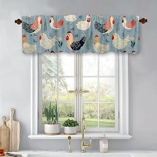 Chicken Pattern Windows Treatment Valances Blue Kitchen Curtains Multicolored Blackout Drapes Topper Panel with Rod Pocket for Bathroom Bedroom Living Room 54x18Inch