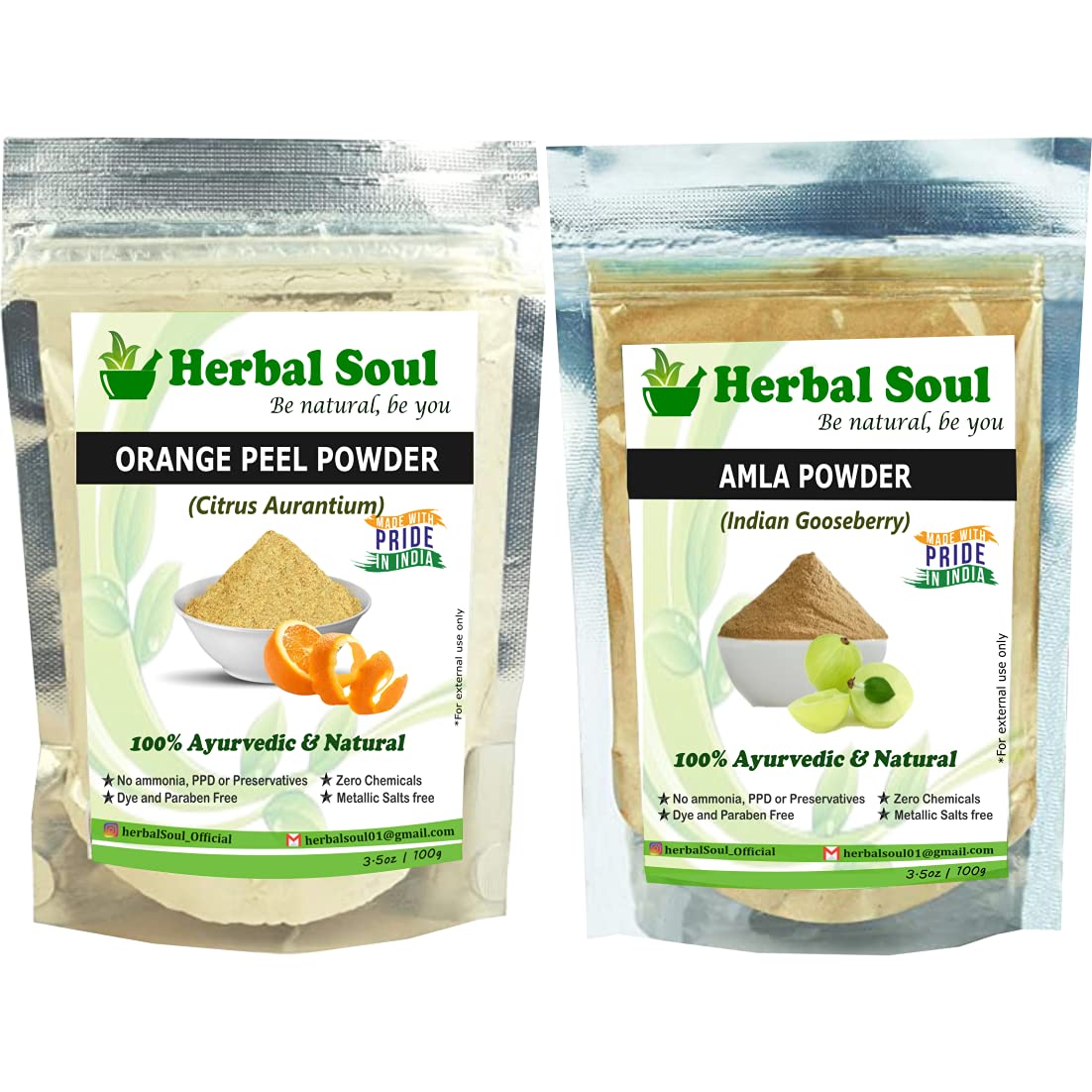 Herbal Soul Combo of Amla Fruit Powder (100g) + Orange Peel Powder (100g) for Hair & Skin Care, 200g
