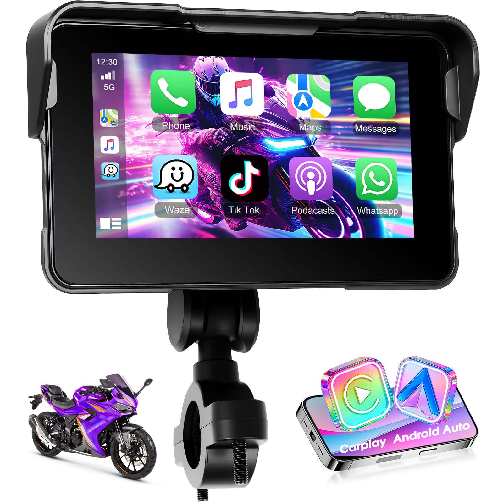 Navegación para Motocicleta con Apple Carplay Android Auto Inalámbrico, Autoradio Portátil con Pantalla Táctil HD De 5 Pulgadas con Bluetooth FM, Impermeable IP68, Navegación GPS, Tarjeta TF