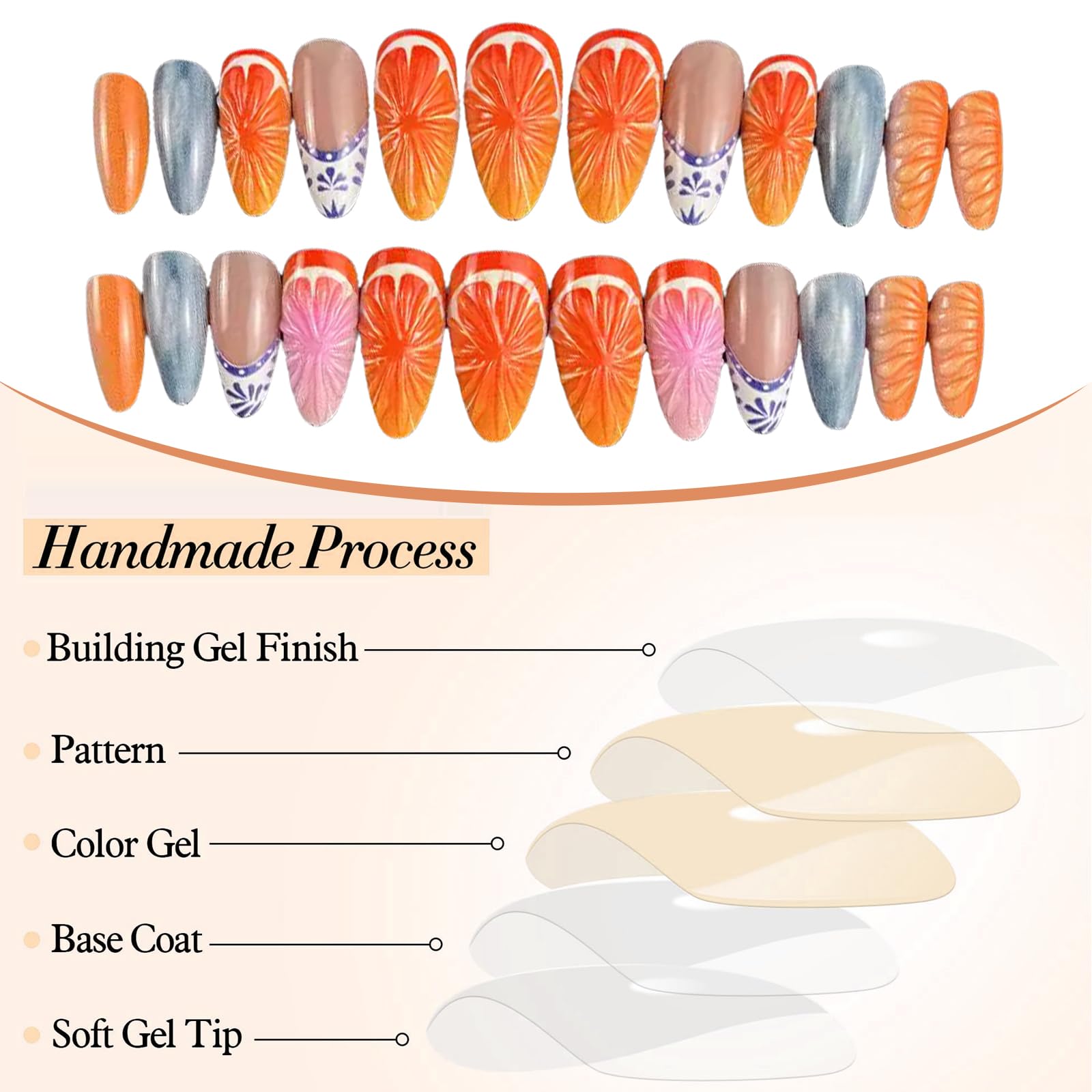 GlamRays 24 sztuki 3D owocowe naklejane paznokcie krótkie migdałowe letnie sztuczne paznokcie Stick On Nails French Nail Art Tips