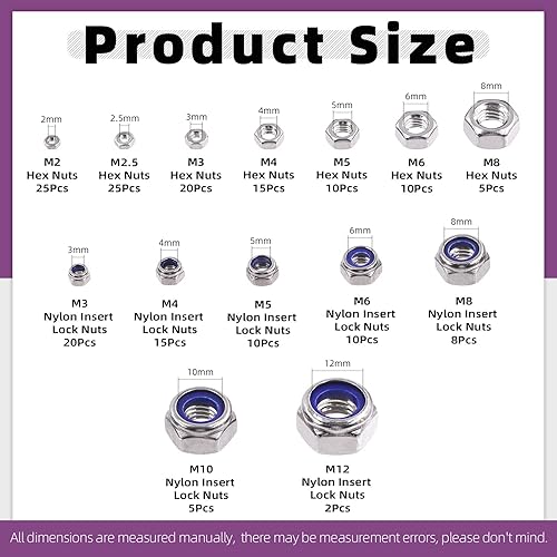 Vista 39 de Swpeet Juego surtido de 132 tuercas de seguridad y tuercas hexagonales SAE 304 de acero inoxidable 2 tipos, tuercas hexagonales de rosca gruesa