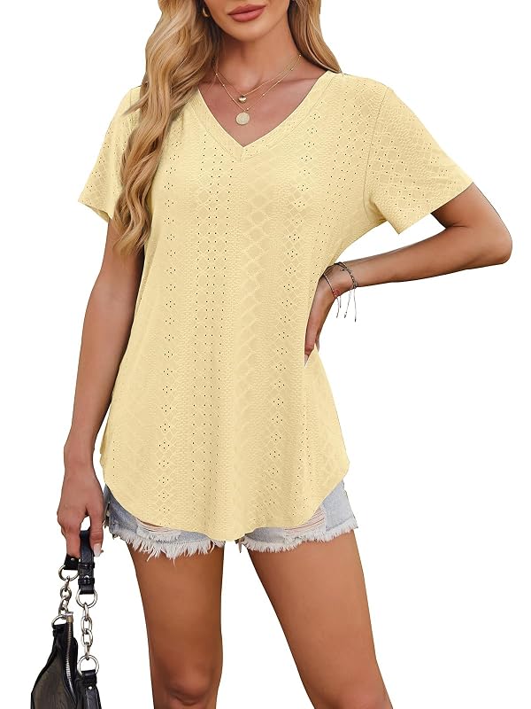 OFEEFAN Summer Tops for Women Trendy Loose Fit V Neck Curved Hem Long T Shirts Plus Size Short Sleeve Ladies Tops and Blouses 2026 Teacher Outfits for Women Clothes Yellow 4XL by OFEEFAN - Used condition - Image 4