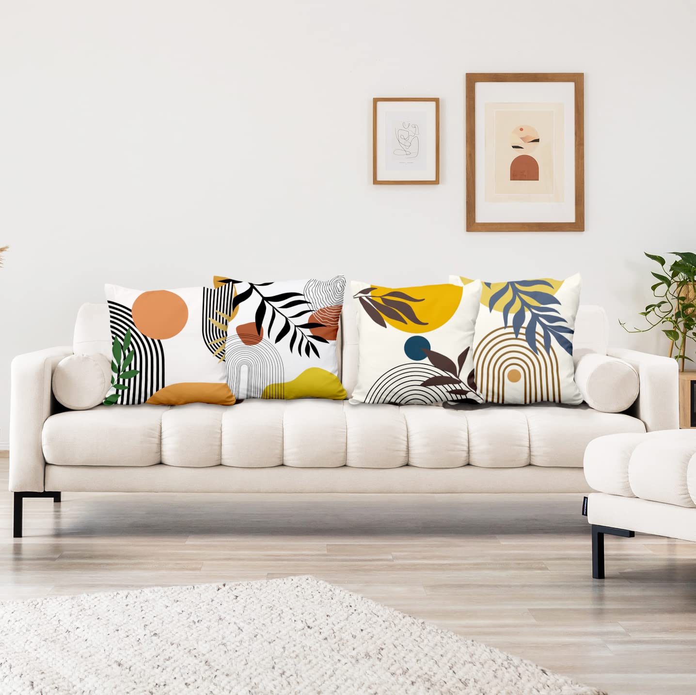 Aoihrraan 4 Federe Cuscini 51x51cm Con Gatto Nero – Stile Boho Astratto In Lino Per Divano, Camera Da Letto, Esterno