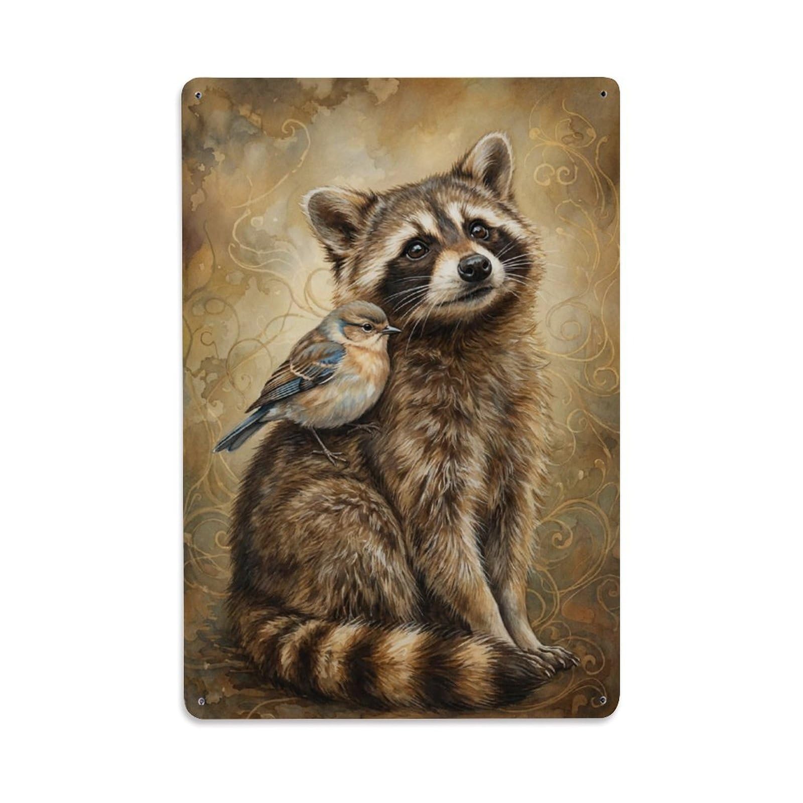 Vintage Animal Cute Raccoon & Bird Animal Friendship Metal Tin Sign