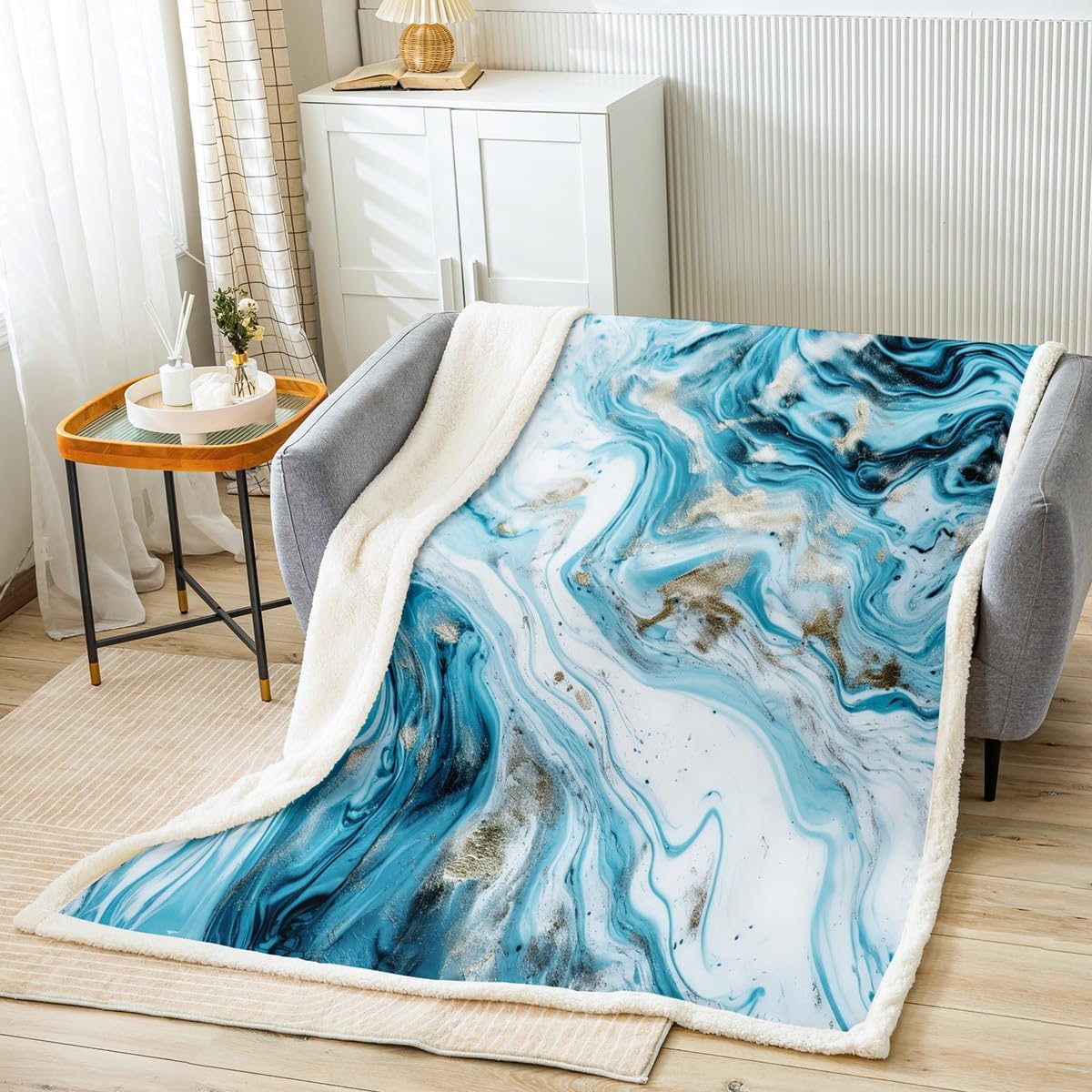 Blue and White Marble Blanket, Gold Sequin Throw Blanket for Couch Bed, Geometric Stone Pattern Fleece Blanket Queen Size, Fluid Liquid Print Sherpa Blanket, Lightweight All-Season Fuzzy Blanket