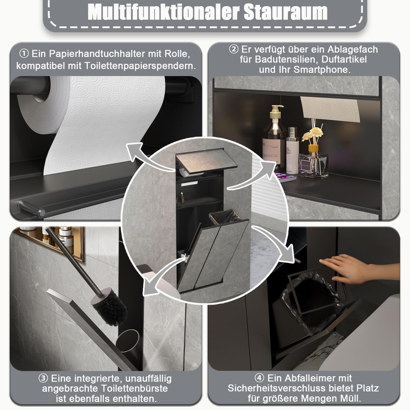 Befliesbar Unterputz Toilettenpapierhalter mit Mülleimer ＆ Bürste, Schwarz Edelstahl Unterputz WC Modul 4 in 1, Platz Sparen Bad Schrankmodul Badschrank mit Push to Open Türöffner