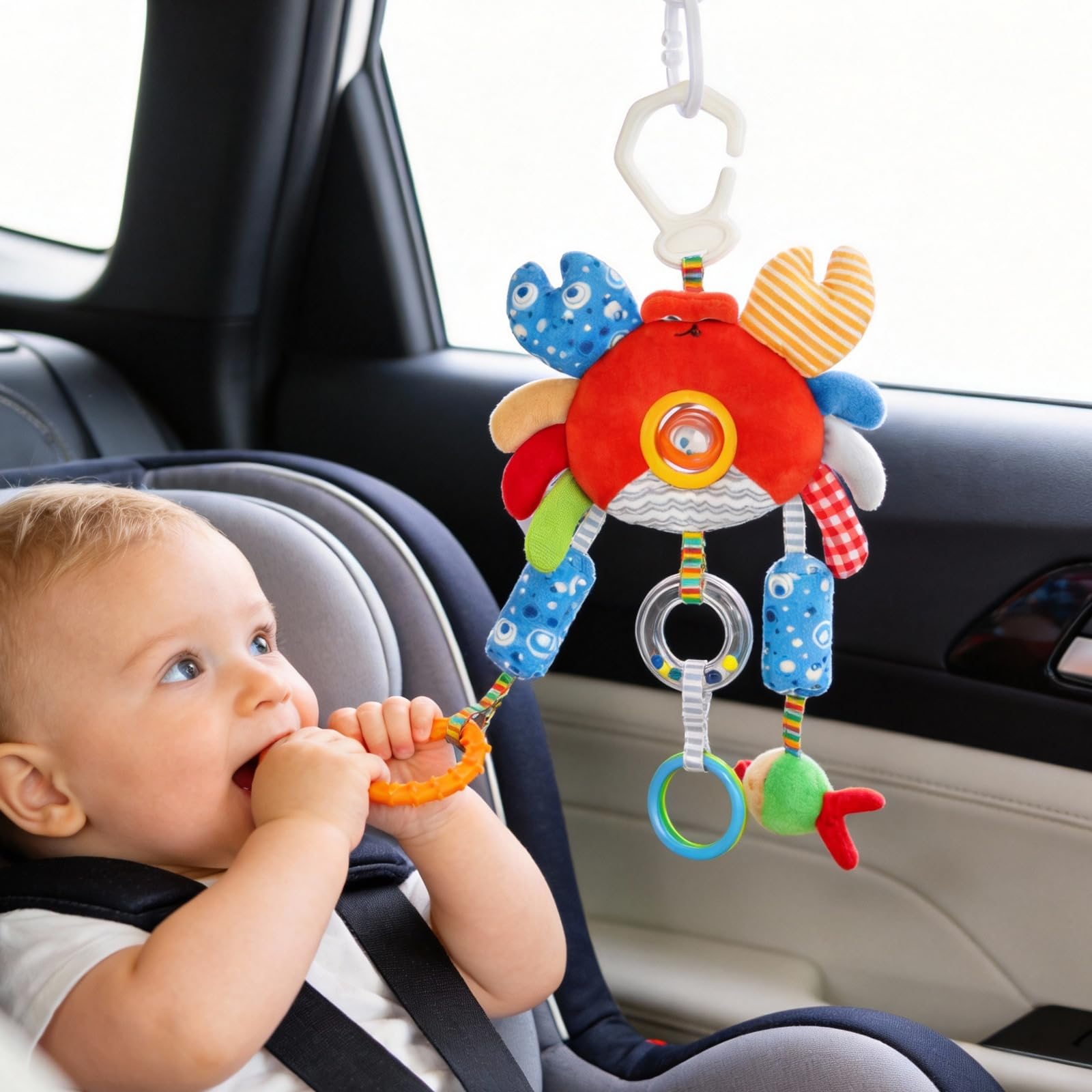 littlove Roadtrip Car Seat Toys for Baby 6-12 Months, Infant Travel Sensory Toys with Clip, Soft Montessori Hanging Plush Toys Wind Chime, Teether, Rattle, Squeaky for Newborn Boy Girl Gifts - 3