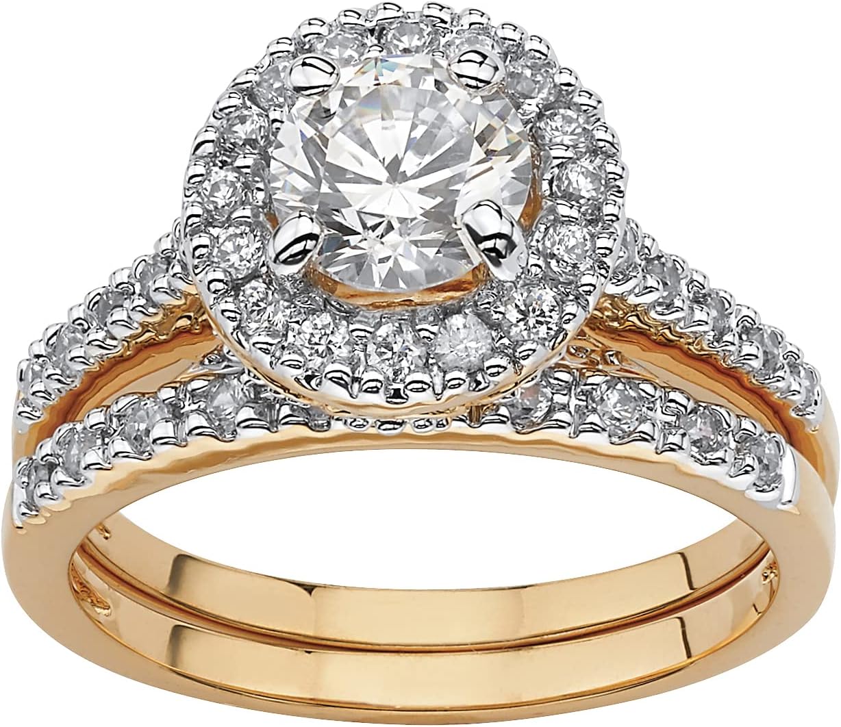 PalmBeach Yellow Gold-Plated Round Cubic Zirconia Halo Bridal Ring Set Sizes 5-10