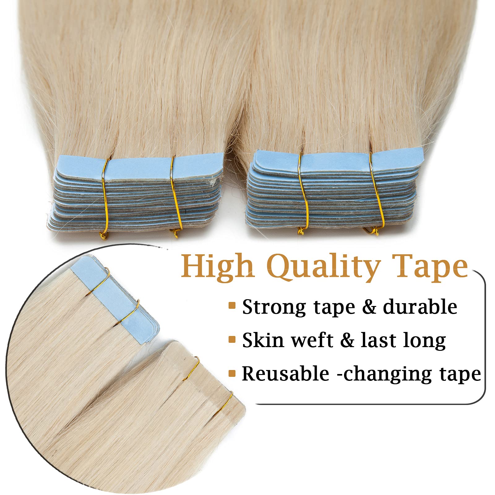 SEGO Extension Adhesive Cheveux Naturel Blonde - Bande Adhesive Extension Cheveux Adhesifs - Extension Cheveux Humain Adhesive - 40cm (40Pcs) 60#Blond Platine 100g (2.5g/Pièces)