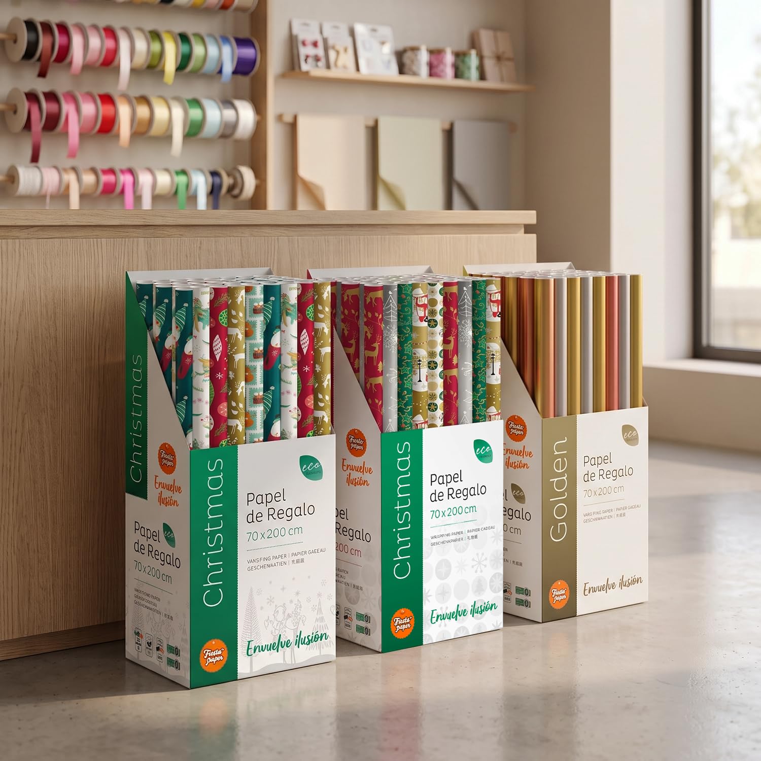 Packung mit 50 Rollen Geschenkpapier Weihnachten B 2 m x 70 cm, Präsentationsbox, festliches Design, Weihnachtsgeschenke, Geschäfte FP Fiesta Paper