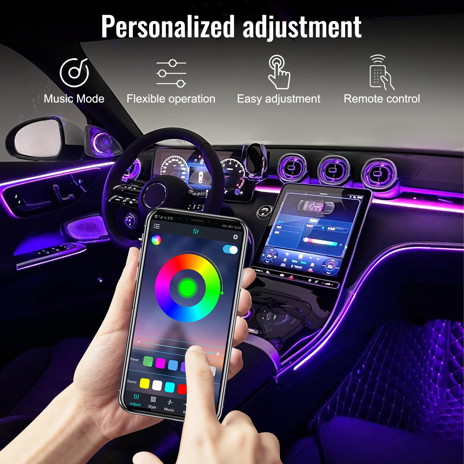 Illuminazione d'atmosfera dell'automobile, 2 In 1 Fibra Ottica Auto Interni, 110 Cm+35 Cm Luci Led Auto Interno, Led Macchina Interni Con 220 Modalità Dinamiche
