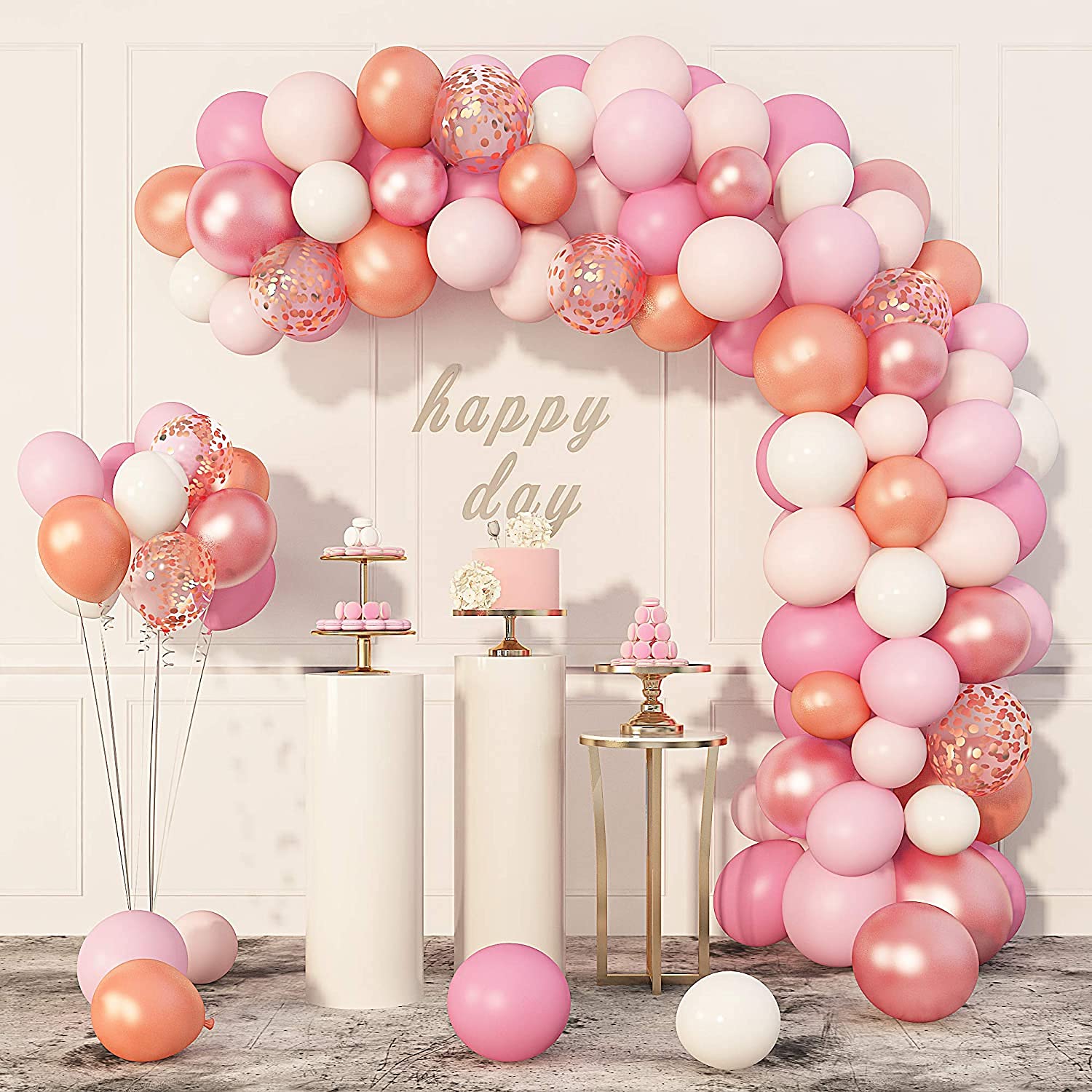 Vcom 142 Pieces Rose Gold Balloons, Rose Gold Pink Balloon Garland Arch Kit, Pink and Rose Gold Balloons with 2 Pcs Tools for Birthday Baby Shower Wedding Anniversary Party Decorations
