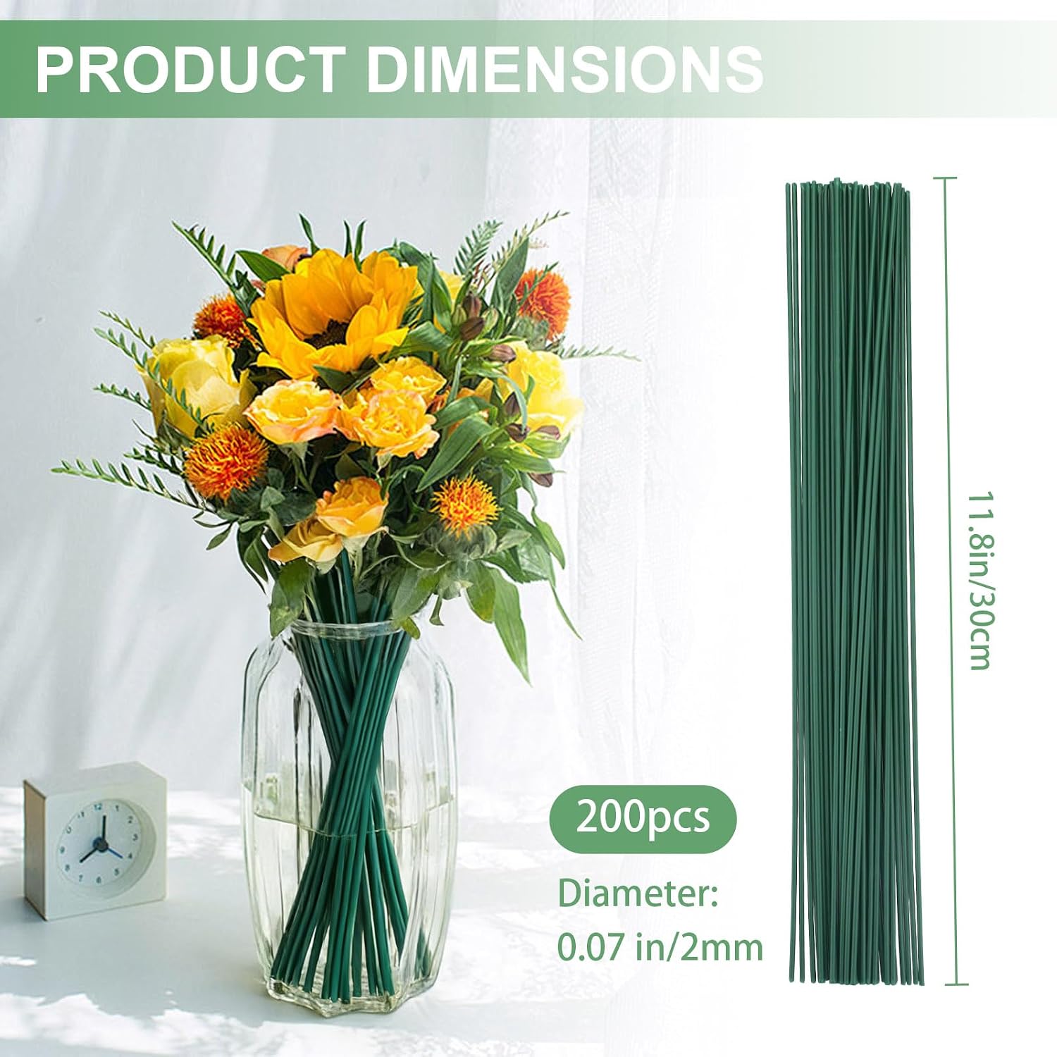 200 Piece 11.8"/30 cm Green Floral Wire Stems, 12 Gauge/2 mm Artificial Flower Stems Rods, Faux Florist Wire Sticks for Paper Flower Arrangements Bouquet Crafts DIY Wreath (Green)