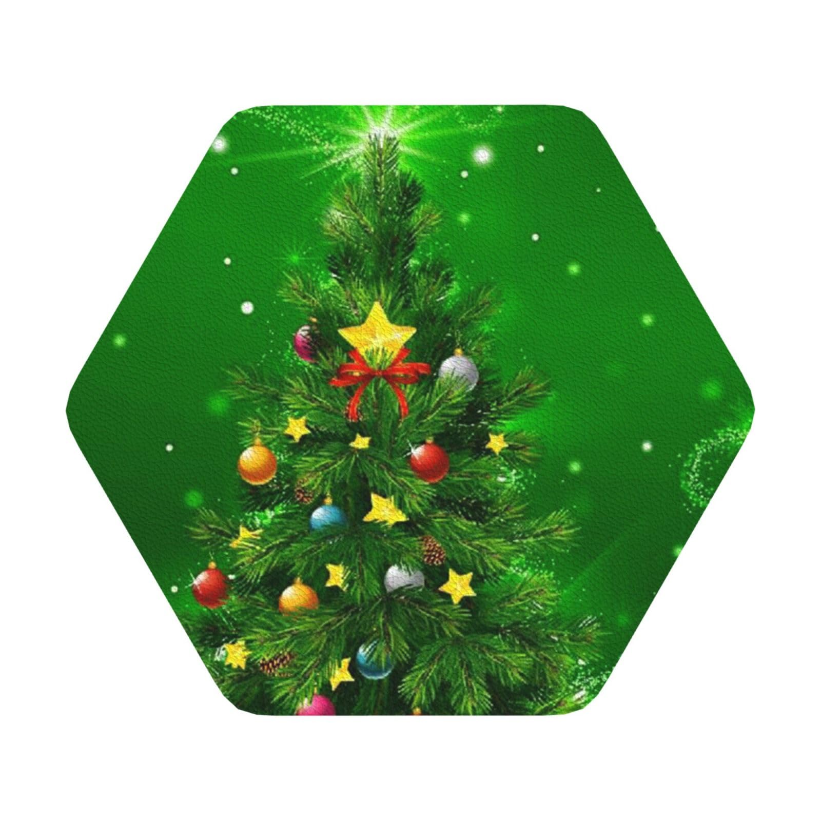 christmas trees PU Leather Coasters Set of 6 Hexagon Drink Coasters