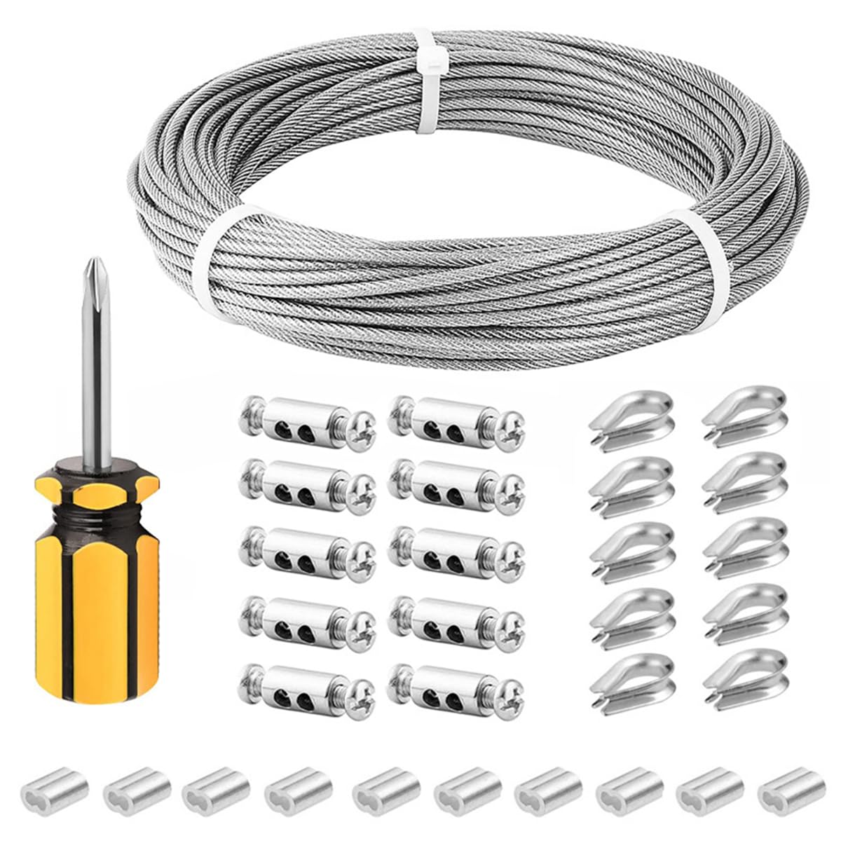 3mm 30M 304 Stainless Steel Vinyl Coated Hanging Wire Cable Kit with Thimbles Crimping Sleeves Wire Rope Clips for Garden Plants Supporting, Picture Lights Hanging Clotheslines Rigging Wire