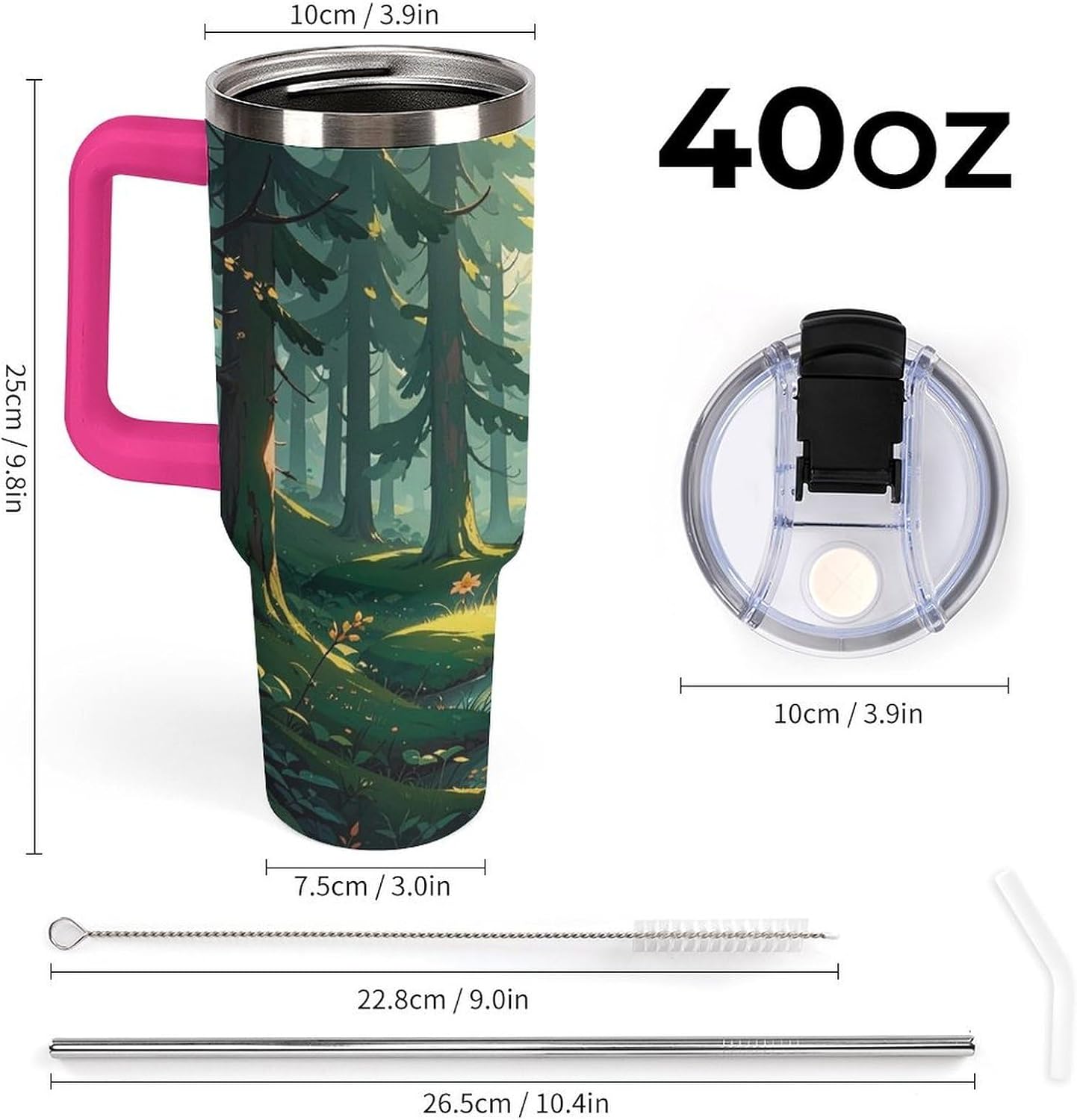 Enchanted Wilderness Fantasy on Dark Green Travel Coffee Mug Reusable Durable Stainless Steel Insulated Tumbler with Handle And Straw Leak Resistant Portable Thermal Cup Gifts for Men Women 40 Oz