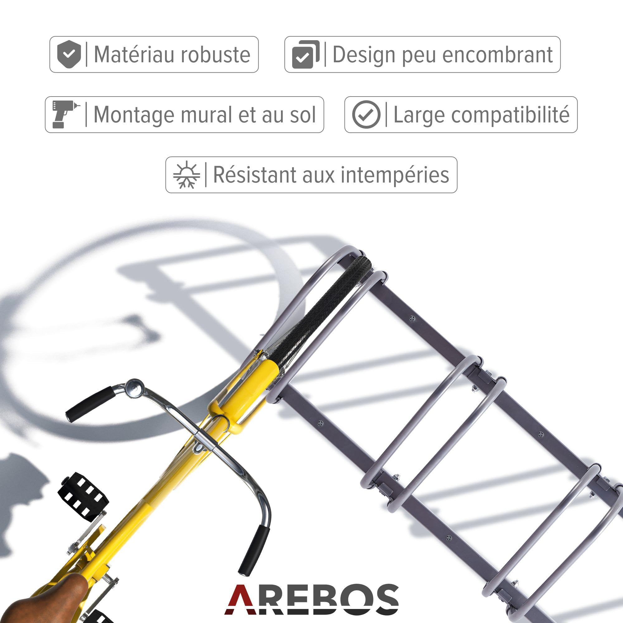AREBOS Support à Vélos pour 5 Vélos | Écartement des Roues 21 cm | Pour Pneus 35-60 mm | Dimensions 130×30×26 cm | Montage Sol ou Mur | Support Métallique Argenté