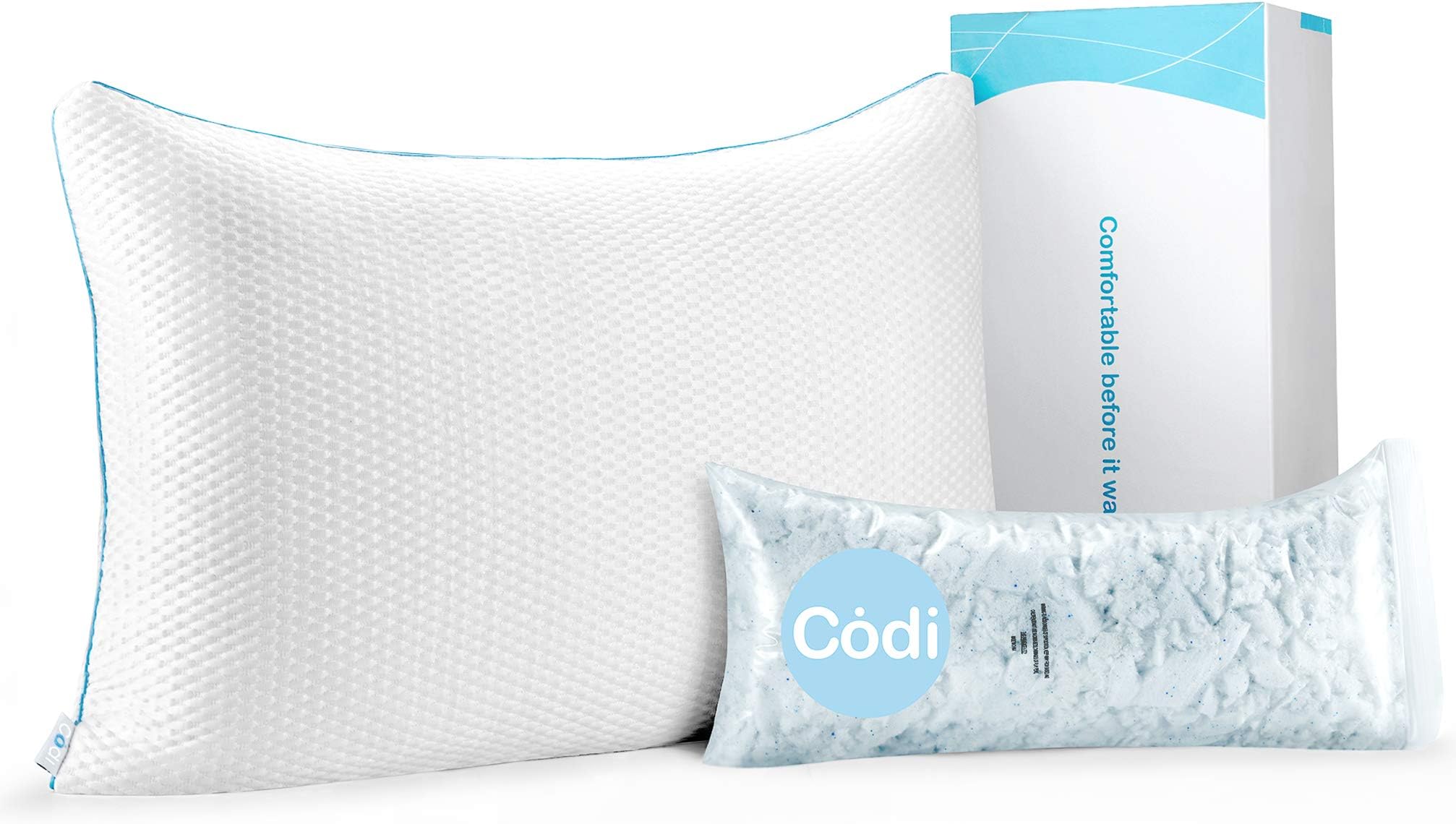 Codi Adjustable Shredded Memory Foam Pillows for Sleeping | Cool Gel Infused | Soft or Firm, Good for Neck Pain and Headaches | Back, Side Sleeper Pillow | CertiPUR-US Certified