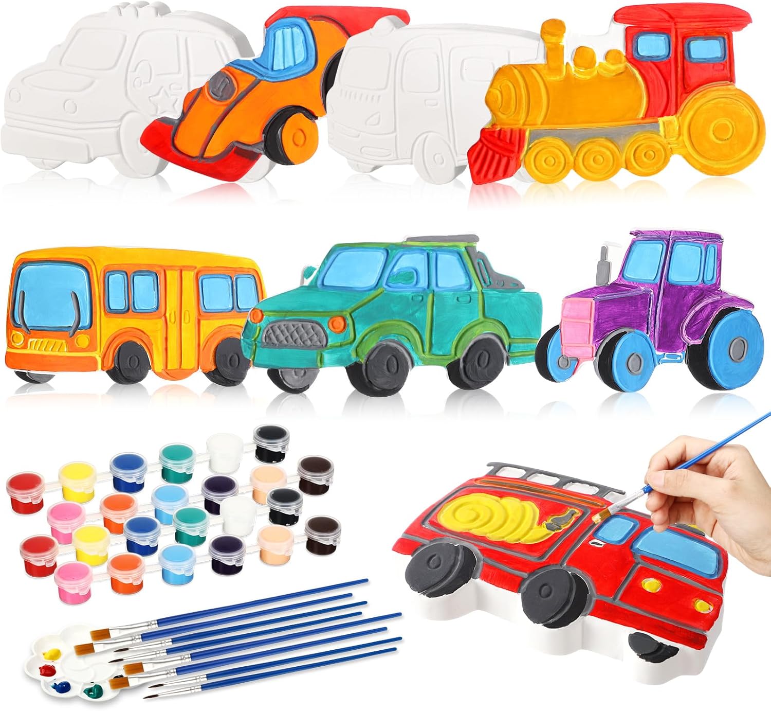 HyDren 8 Pack Paint Your Own Plaster Stones Spring DIY Outdoor Garden Arts and Crafts DIY Stones Painting Kit Supplies with Paint Palette and Brush for Easter Birthday Gifts(Car)