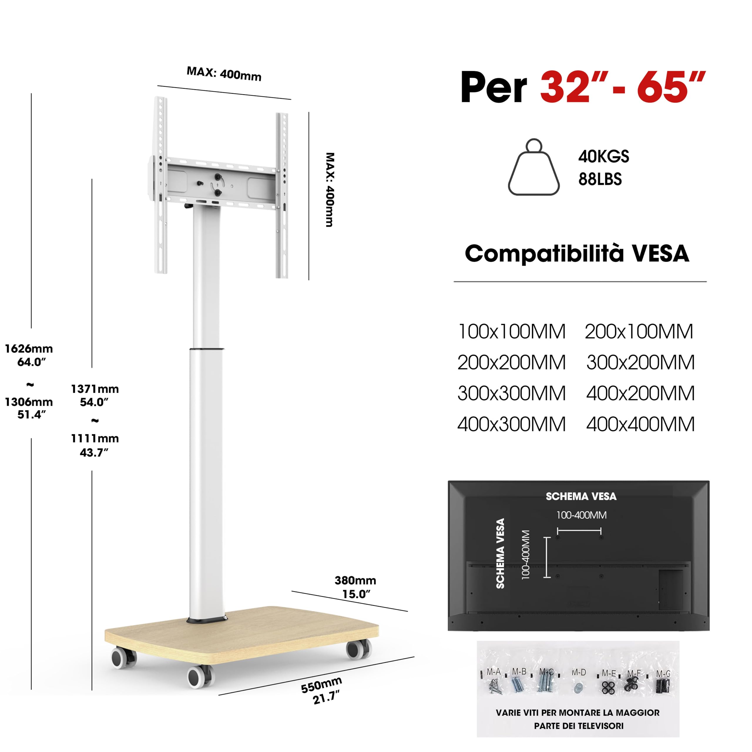 AOKCOS Carrello Porta TV con Ruote per 32-65 Pollici, Orizzontale e Verticale Supporto TV da Pavimento con Base in Legno, Inclinabile e Regolabile in Altezza, Max VESA 400x400mm 30kg