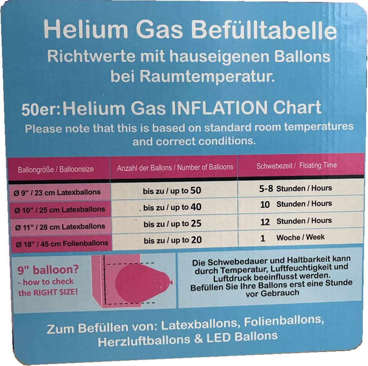 BALLONGAS FÜR 50 Luftballons + 50 Ballons + FÜLLVENTIL | Helium Einweg Flasche Luftballon Folienballon Deko Geburtstag Party Hochzeit