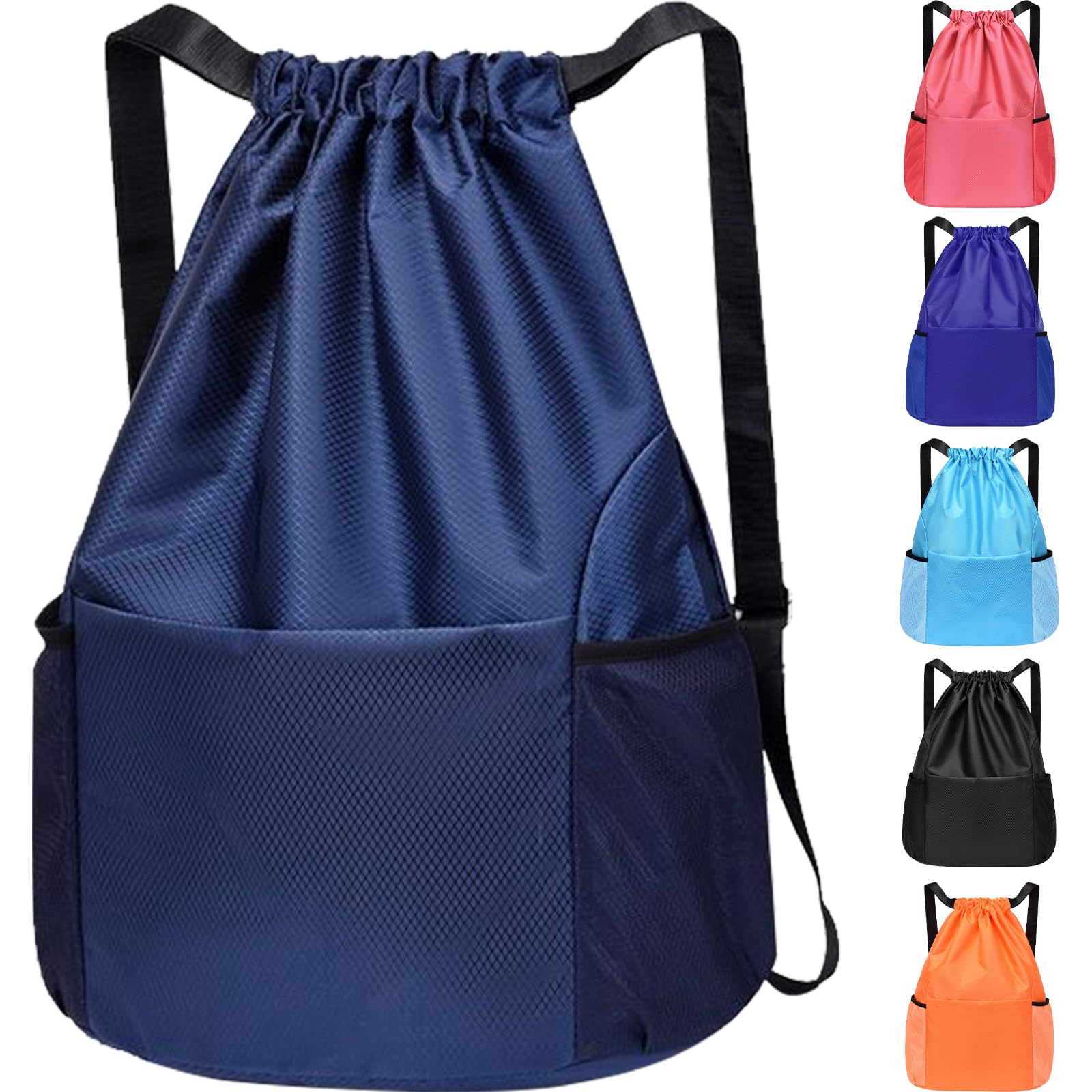 InfiniZer Sports Drawstring Bags Waterproof Swimming Bag for Kids Adults Unisex Large Capacity Foldable Gym Bag for Swimming Gym School Travel Hiking (Navy Blue)