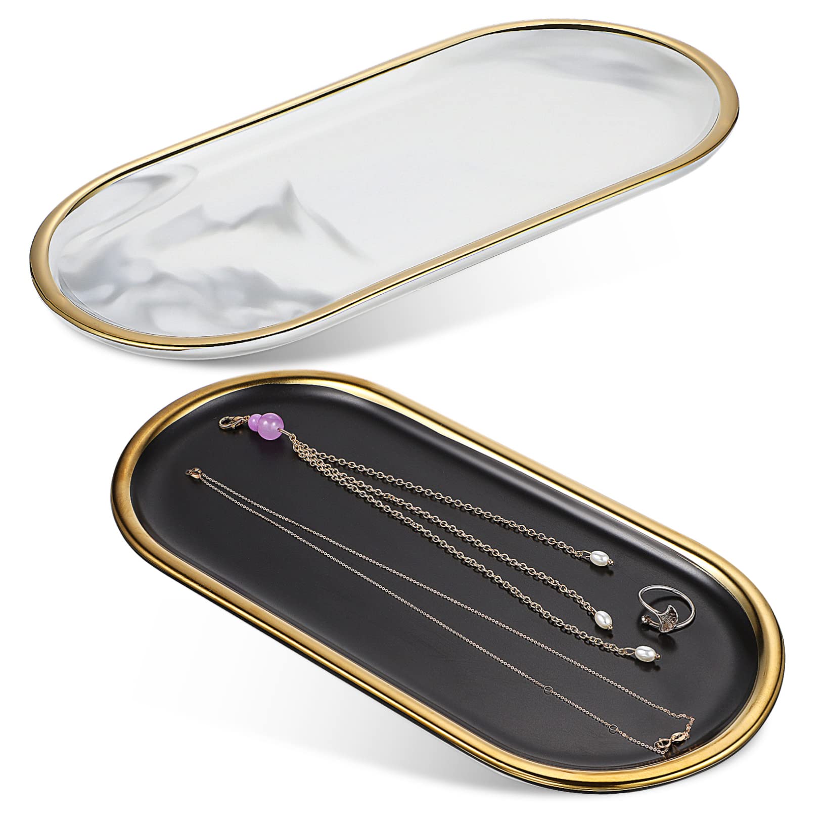 Alipis Bandeja de Baño Ovalada Cerámica de Alta Temperatura, de Mármol, 2 Piezas, Diseño Elegante para Perfumes y Velas, Decoración de Baño