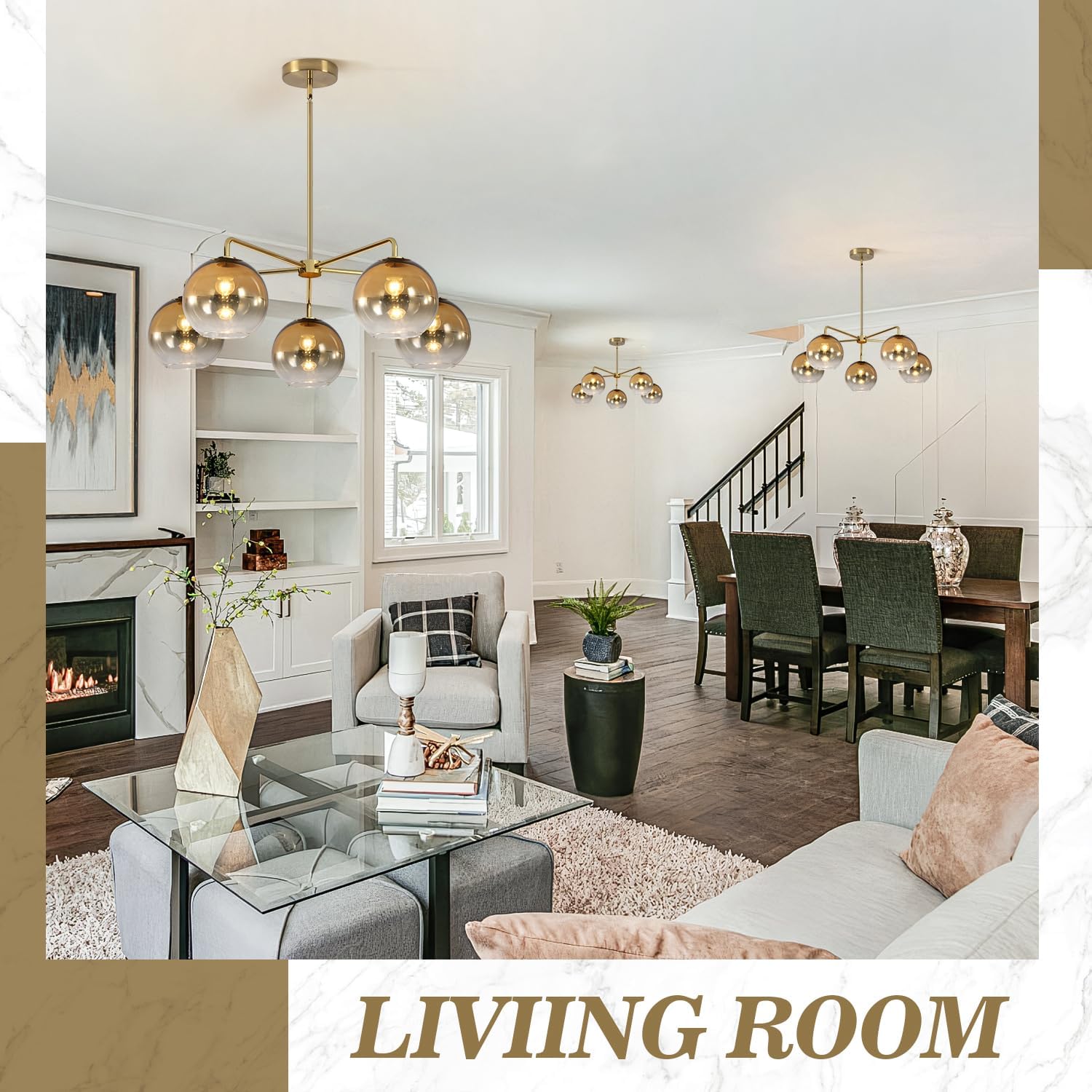 BOKT Modern Globe Chandelier 5 Light Glass Ball Pendant Light Adjustable Gradient Chandelier Mid Century Bubble Round Pendant Light Fixture Gold Vintage Kitchen Island Ceiling Hanging Lighting