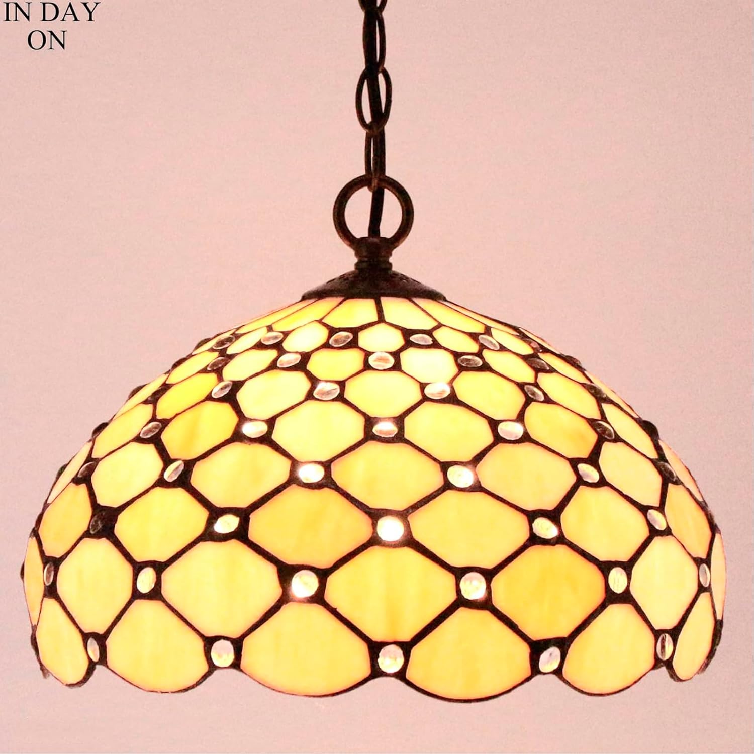 WERFACTORY Tiffany Pendant Light Fixture Cream Amber Bead Stained Glass Hanging Lamp Wide 12 Inch Height 32 Inch S005 Series