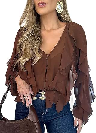 Timeson Women's V Neck Chiffon Blouse Ruffle Sleeve Ladies Work Shirts