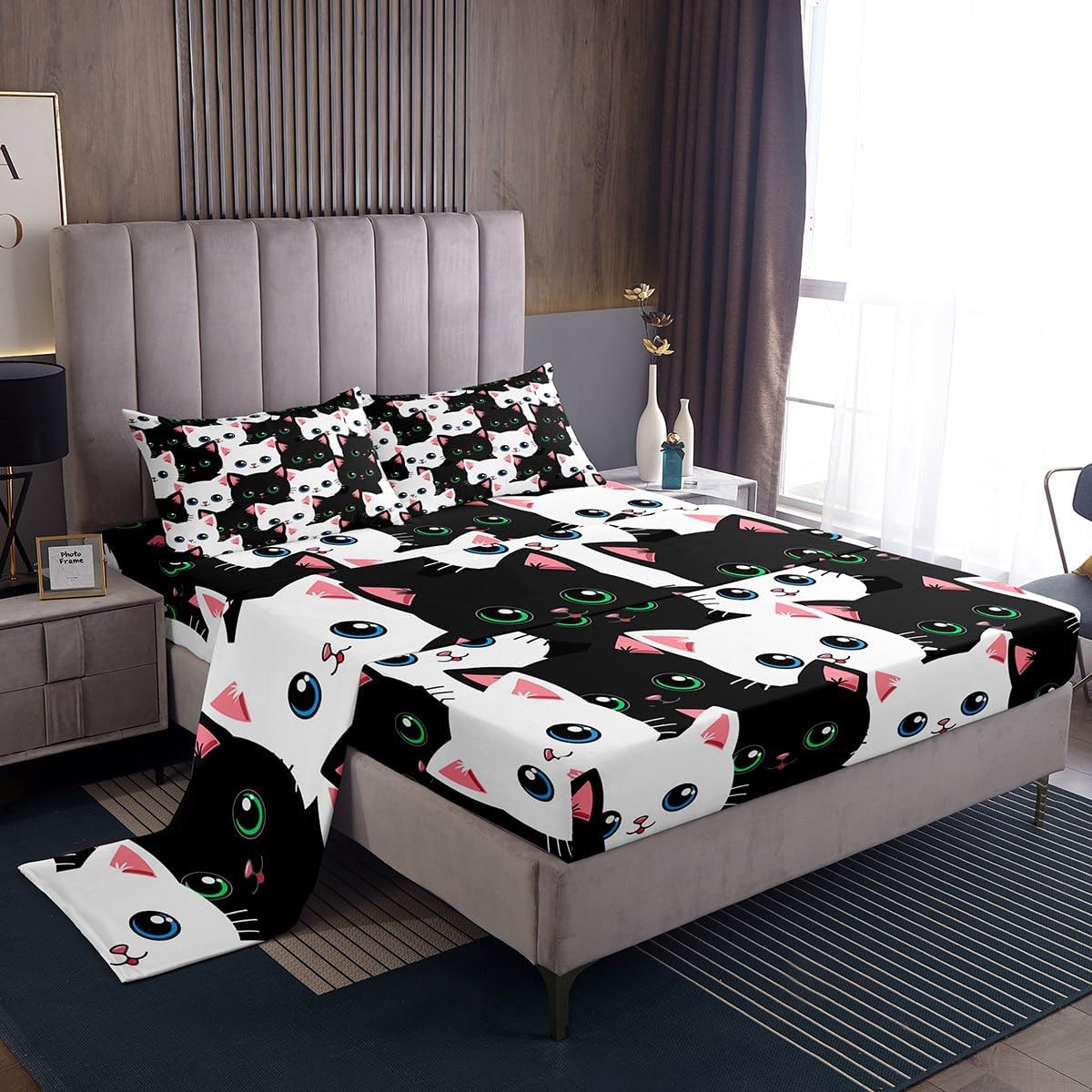 Feelyou Cartoon Cat Sheet Set Gradient Line Cat Bedding Set Cute Cat Bed Sheets for Teens Kids Boys Girls Adults Decor Black White Bed Set Room 3Pcs Queen Size