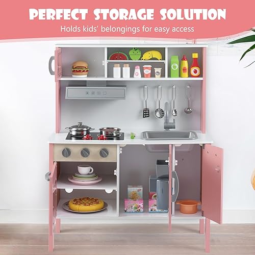 Miniatura 5 de Costzon Juego de cocina para niños, juego de cocina de madera con sonido, microondas, horno, máquina de hielo, campana extractora, estufas,