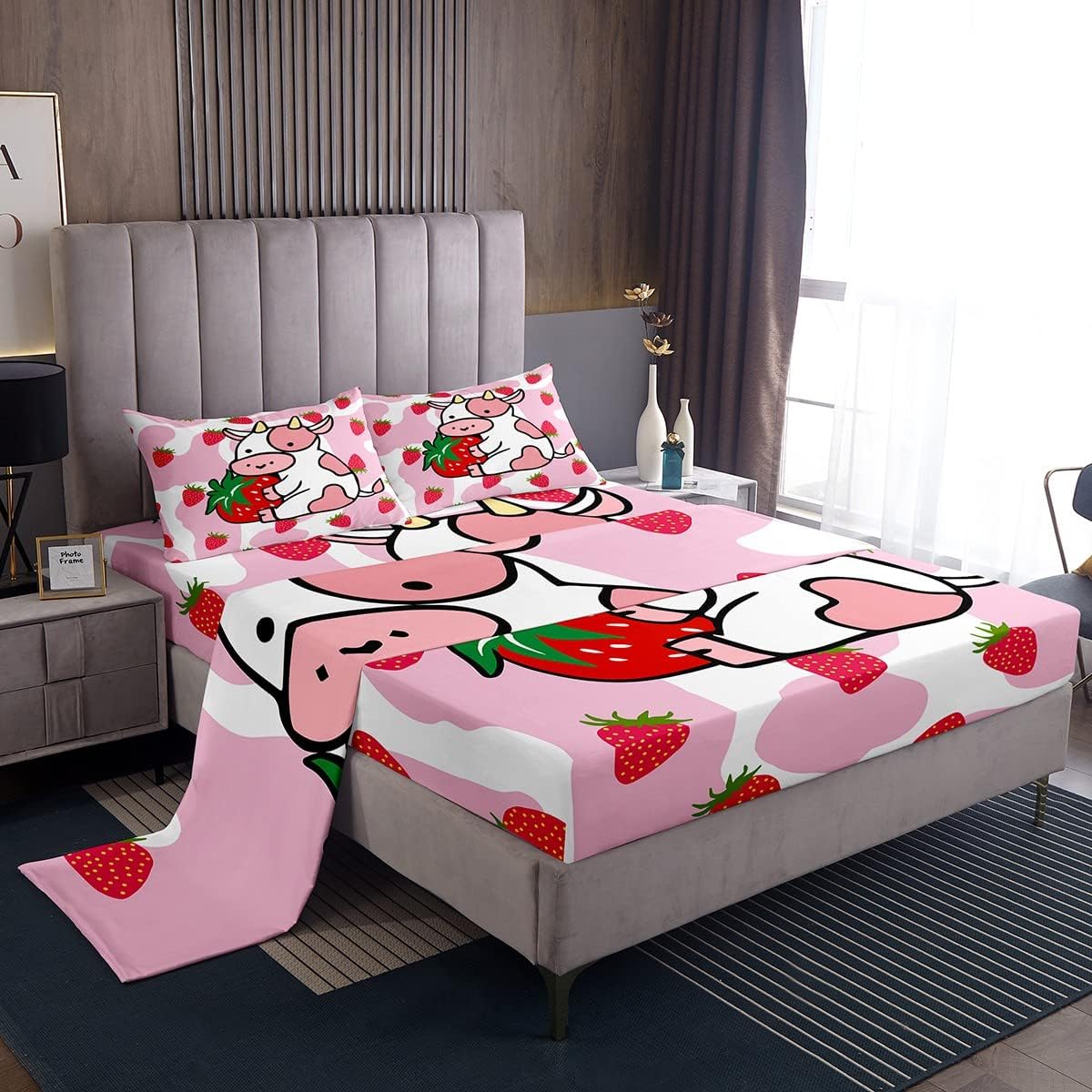 Milk Cow Bed Sheets Pink White Cow Strawberry Pattern Bedding Set Bedding Sheet for Kids Adults Kawaii Girls Milk Cow Print Bed Sheet Set Ultra Soft Room Decor Full Size