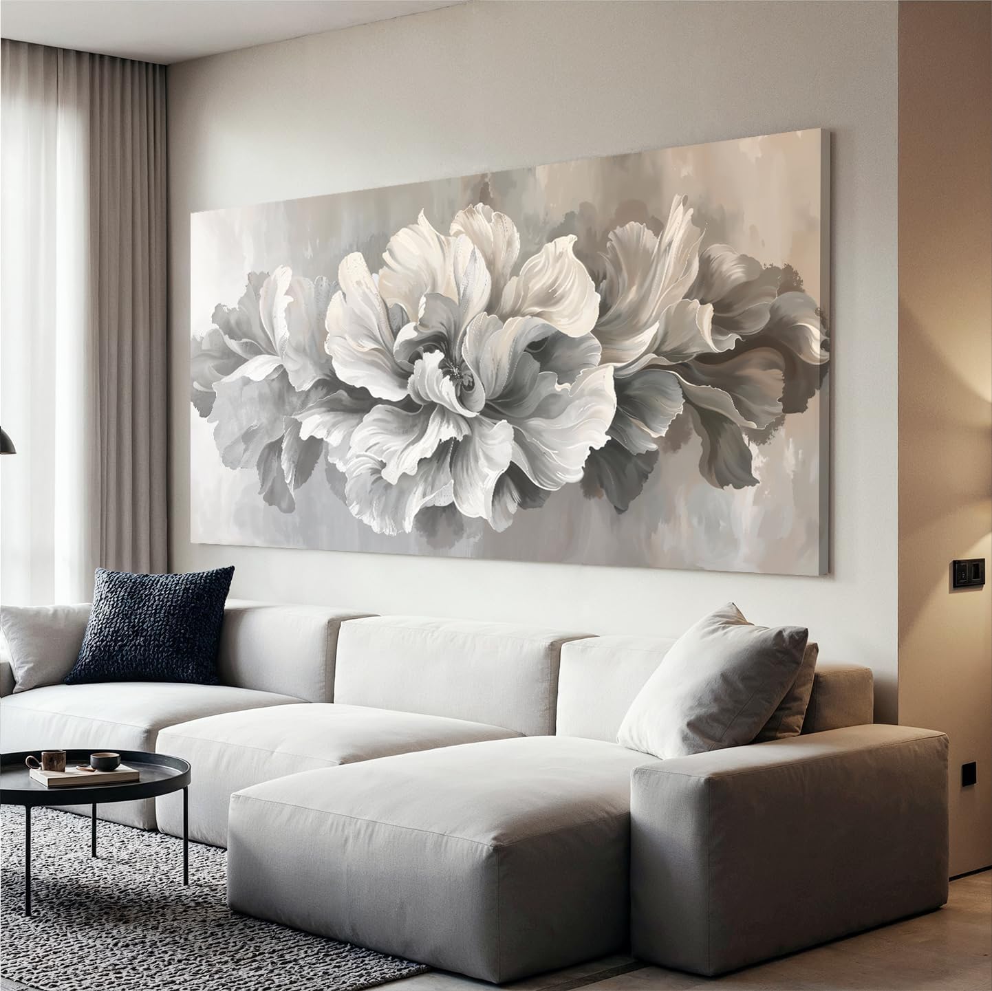 Canvas Wall Art Decor Large White Flower Wall Art Decor For Living Room Decor Pictures Prints Modern Aesthetics Wall Art Gray Floral Art Wall Decor For Home Bedroom Office Room Wall Decor 24×48 Inch