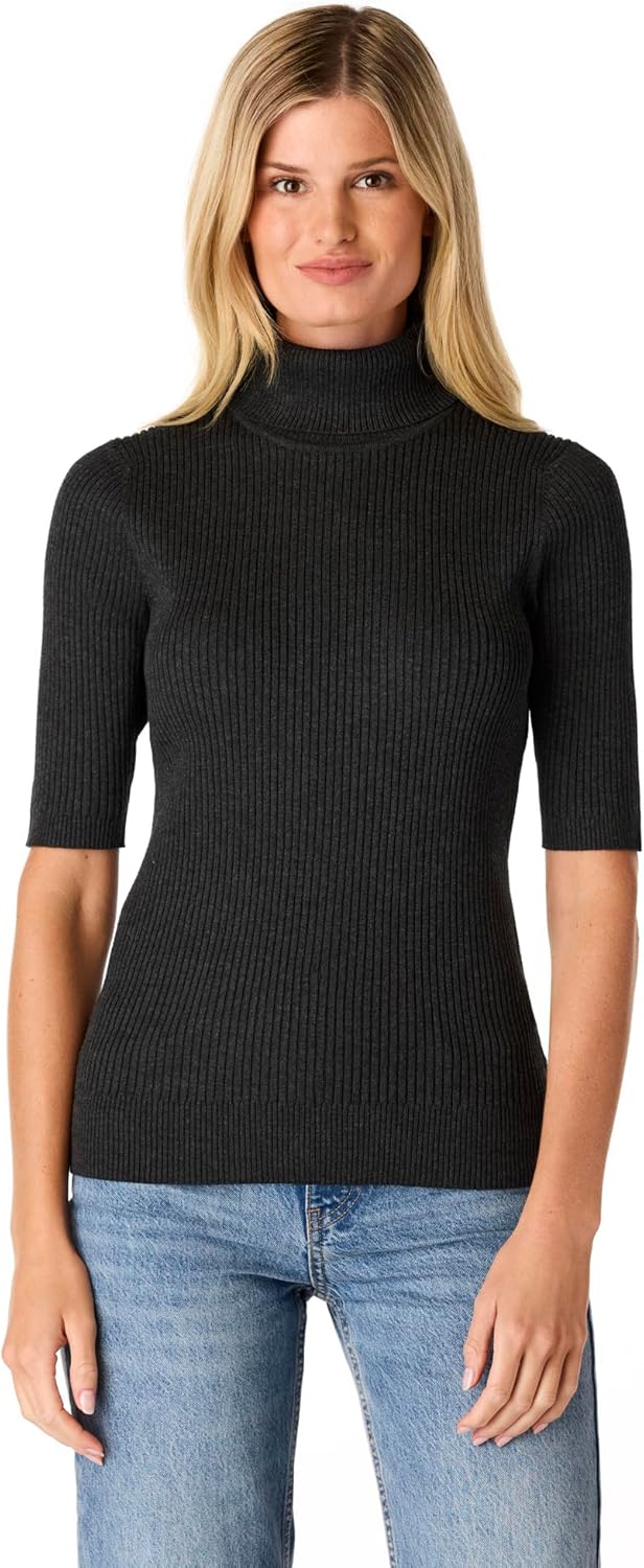 Cable & Gauge Women's Short Sleeve Mock Neck Sweater - Soft Knit Fabric, Ribbed Texture, Elbow-Length Sleeves, Casual Top