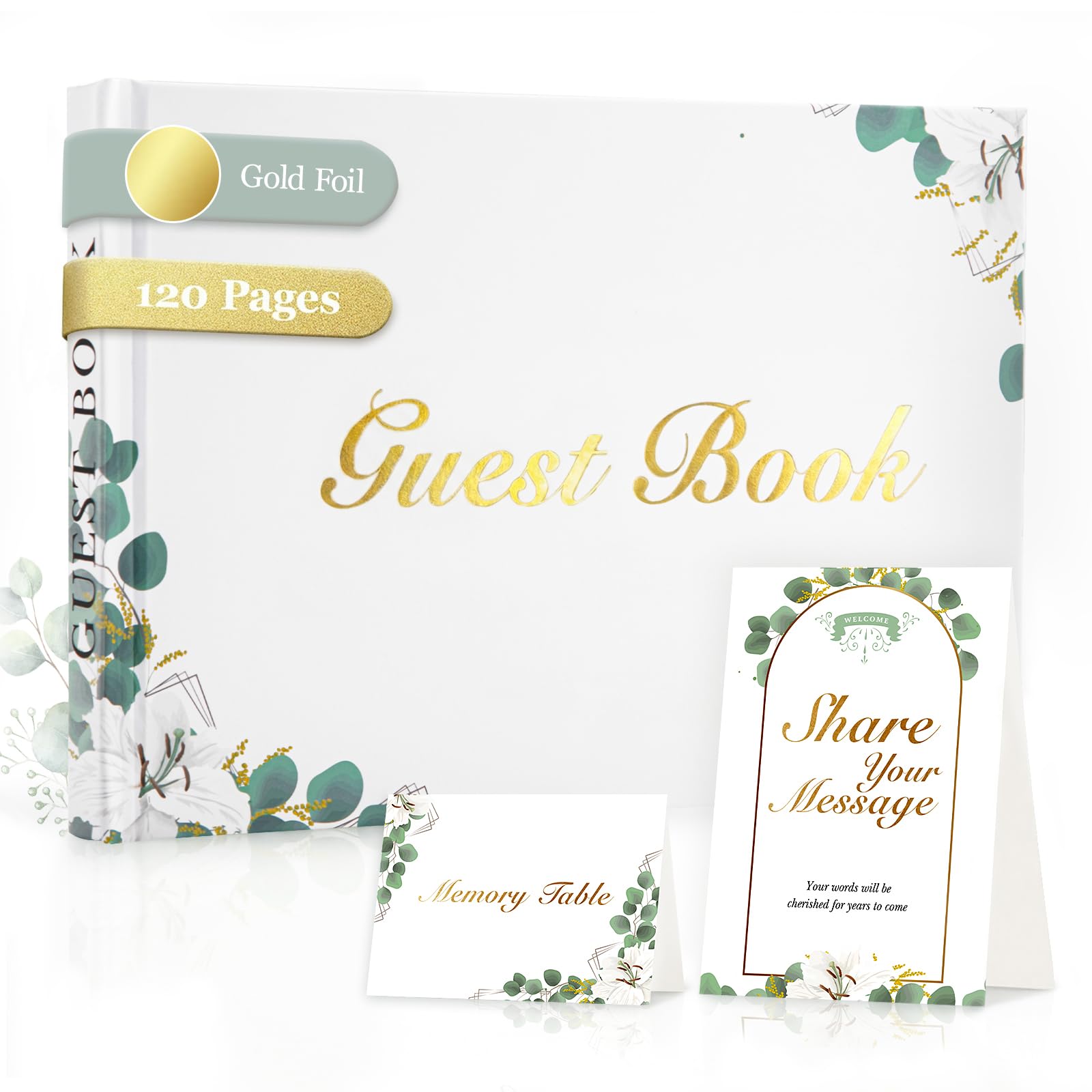 Wedding Guest Book Set – Greenery Botanical Hardcover, Eucalyptus Gold Foil, 120 Blank Pages, Welcome Card, Table Sign & Belly Band, 21.5 x 14.5 cm – for Weddings, Christenings & Garden Parties