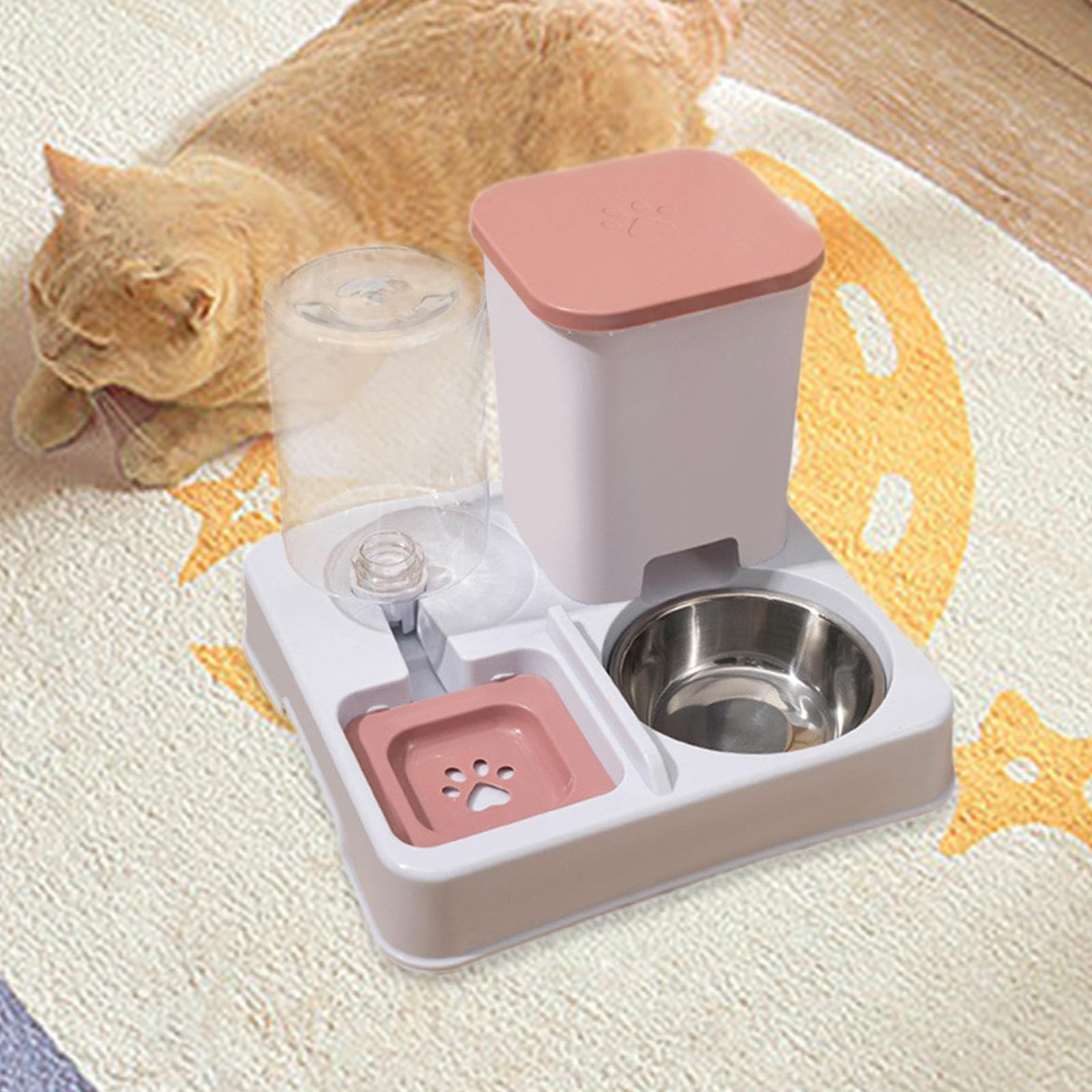 Automatischer Futterautomat für, 2 in 1 Futter Und Tränkeset, Stabile Basis, Futtergerät, Fress Und Trinknapf für, Kaninchen, Welpen, Rosa Weiß