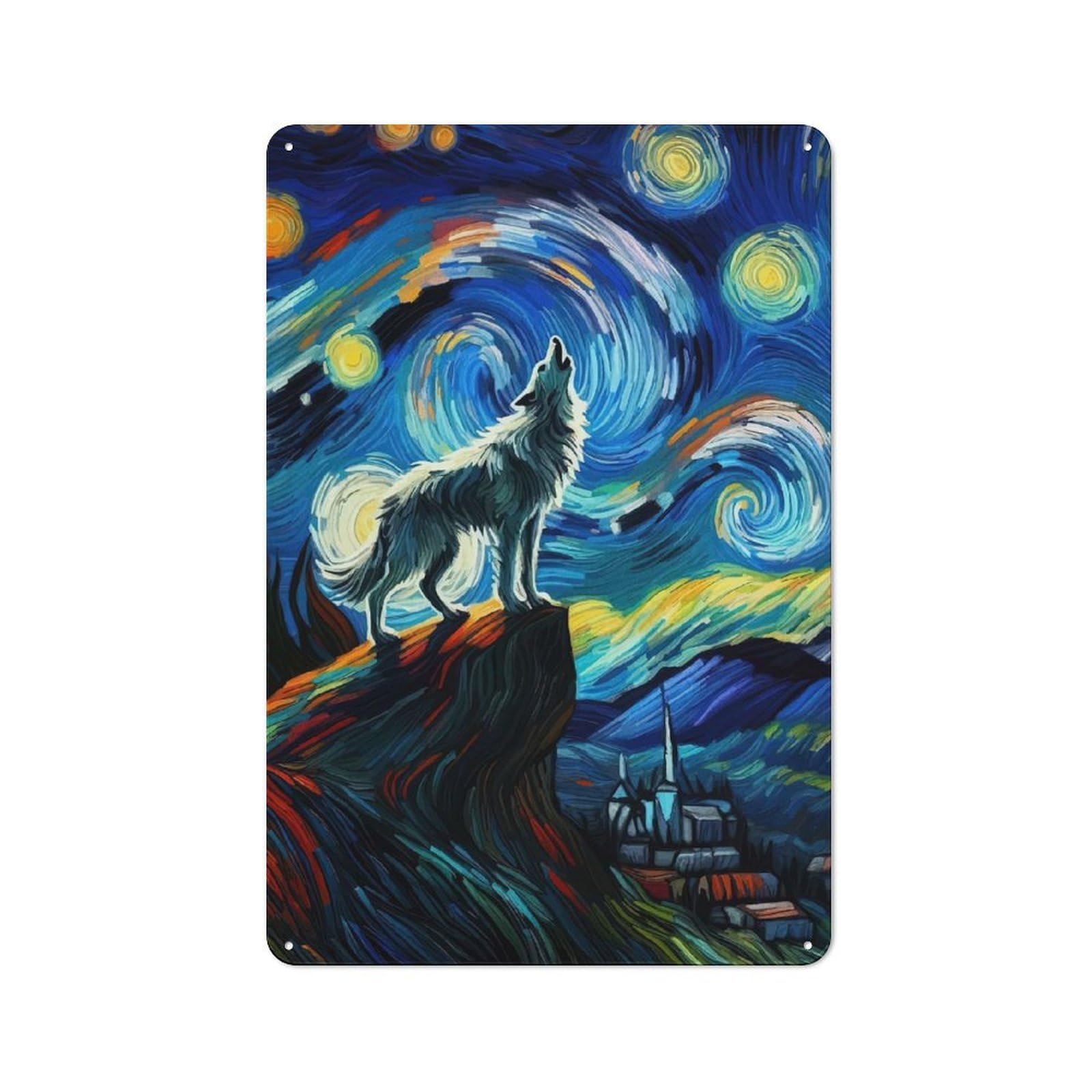 Wolf Howling Under Starry Night Sky Industrial Metal Wall Decor 30x20cm, Retro Metal Sign for Workshop, Basement, Shed Or Games Room