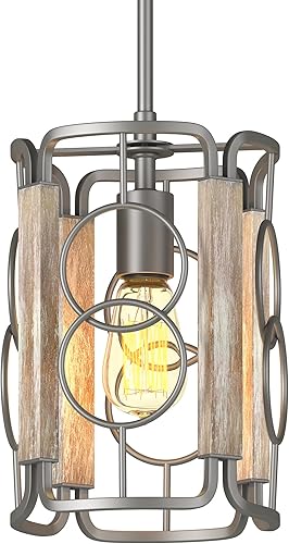 Inlight IN-0336-1-WD - Colgante moderno de 8 pulgadas para isla de cocina, diseño de jaula abierta, madera rústica envejecida y acabado gris