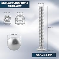 Vista 5 de Glvaner (6 juegos) Tornillos de pernos de carro de acero inoxidable 3/8-16 x 3-1/2" con cabeza redonda, cuello cuadrado y tuercas hexagonales