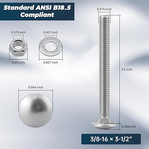 Miniatura 5 de Glvaner (6 juegos) Tornillos de pernos de carro de acero inoxidable 3/8-16 x 3-1/2" con cabeza redonda, cuello cuadrado y tuercas hexagonales