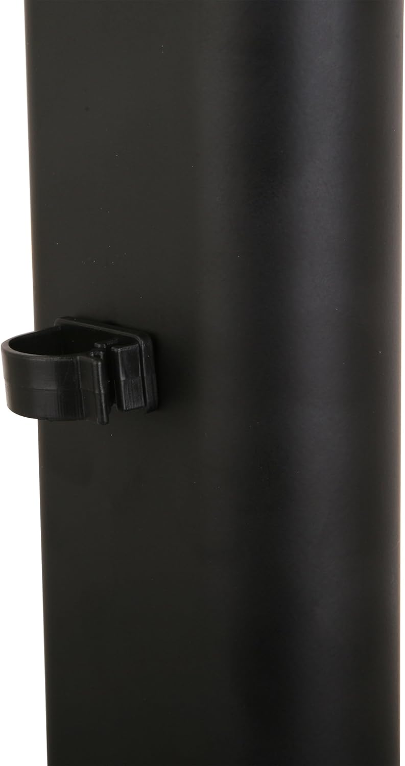 Close-up of a cable management clip attached to the support column of the TV stand.