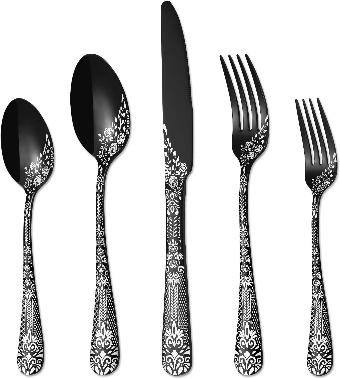 20 Pcs Mirror Black Silverware Set, Stainless Steel Flatware Cutlery Set for 4, Tableware Eating Utensils Sets with Unique Floral Design, Dishwasher Safe