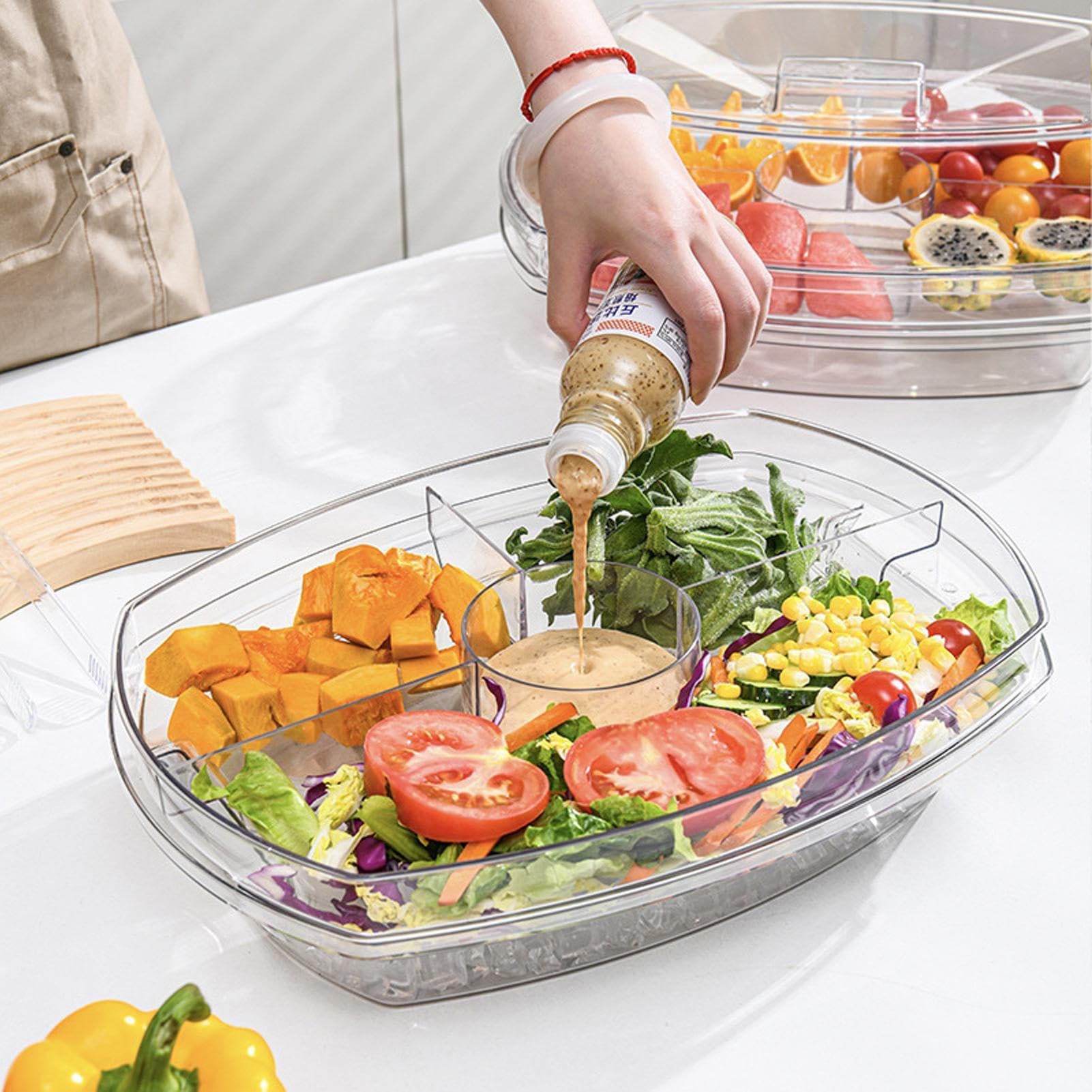 Bandeja de servir fría con tapa, 4 compartimentos, plato de frutas dividido para fiestas, picnics, aperitivos, postres, mariscos y camarones, perfecto para almacenamiento en el refrigerador