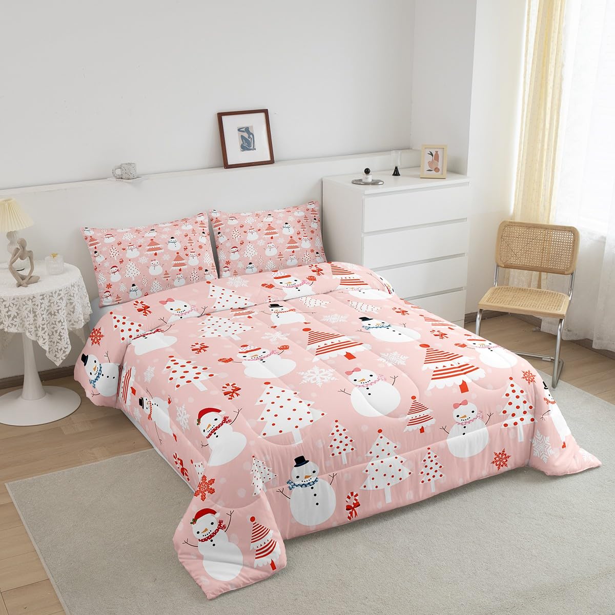 Christmas Kids Comforter Set Cartoon Snowman Bedding Set for Boys Girls Christmas Tree Decor Comforter Pink Dots Xmas Theme Duvet Set Bedroom Comforter Inner Fill 2Pcs Twin Size