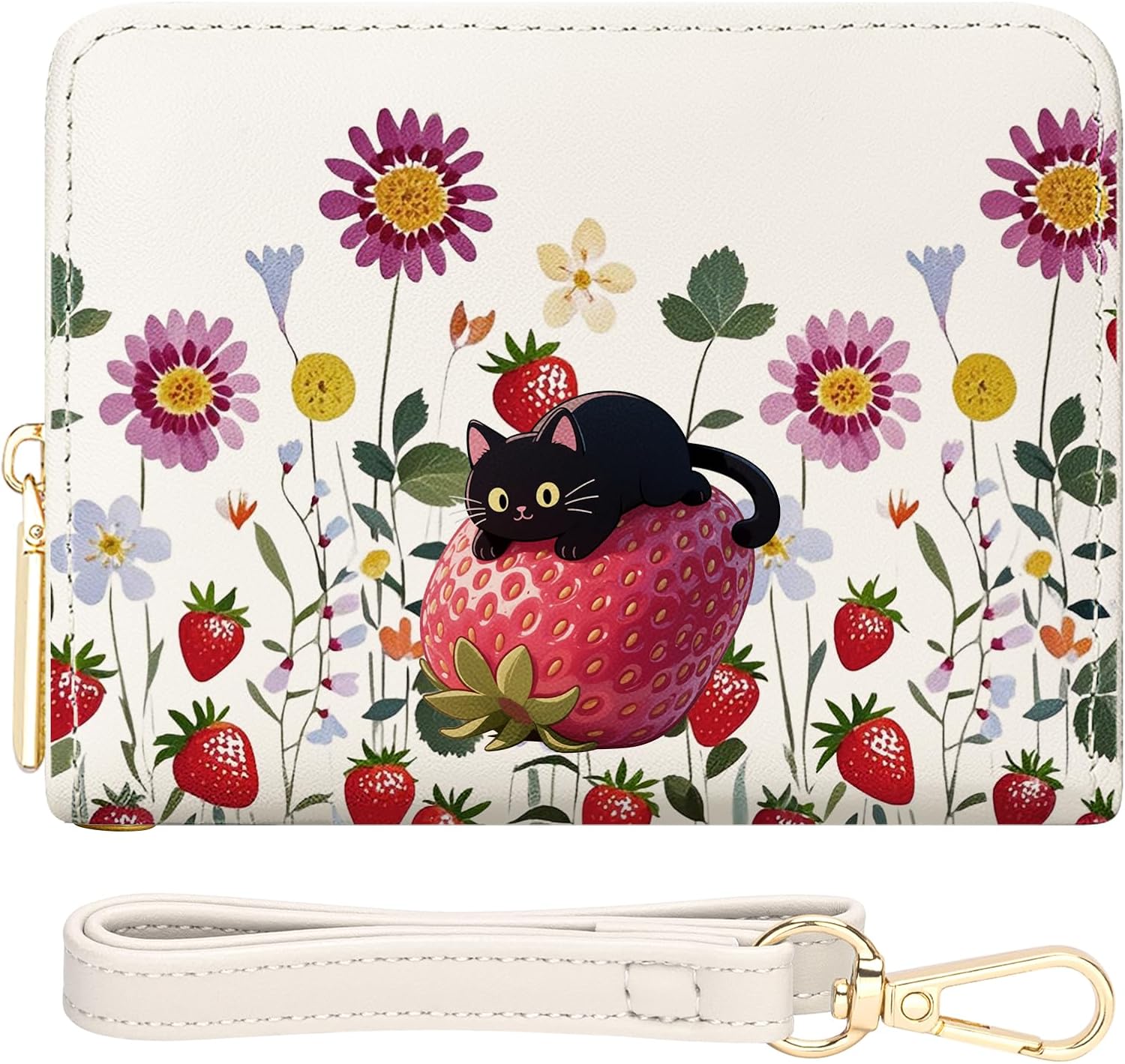 YINHEXI Small Wallets for Women with Credit Card Holder RFID Blocking Womens Wristlet Bifold Wallet with ID WindowCat Strawberry