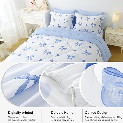 Miniatura 5 de Wajade Juego de ropa de cama de 7 piezas con lazo rosa para niñas y niños, juego de edredón tamaño individual con sábana y 2 fundas de almohada, 2