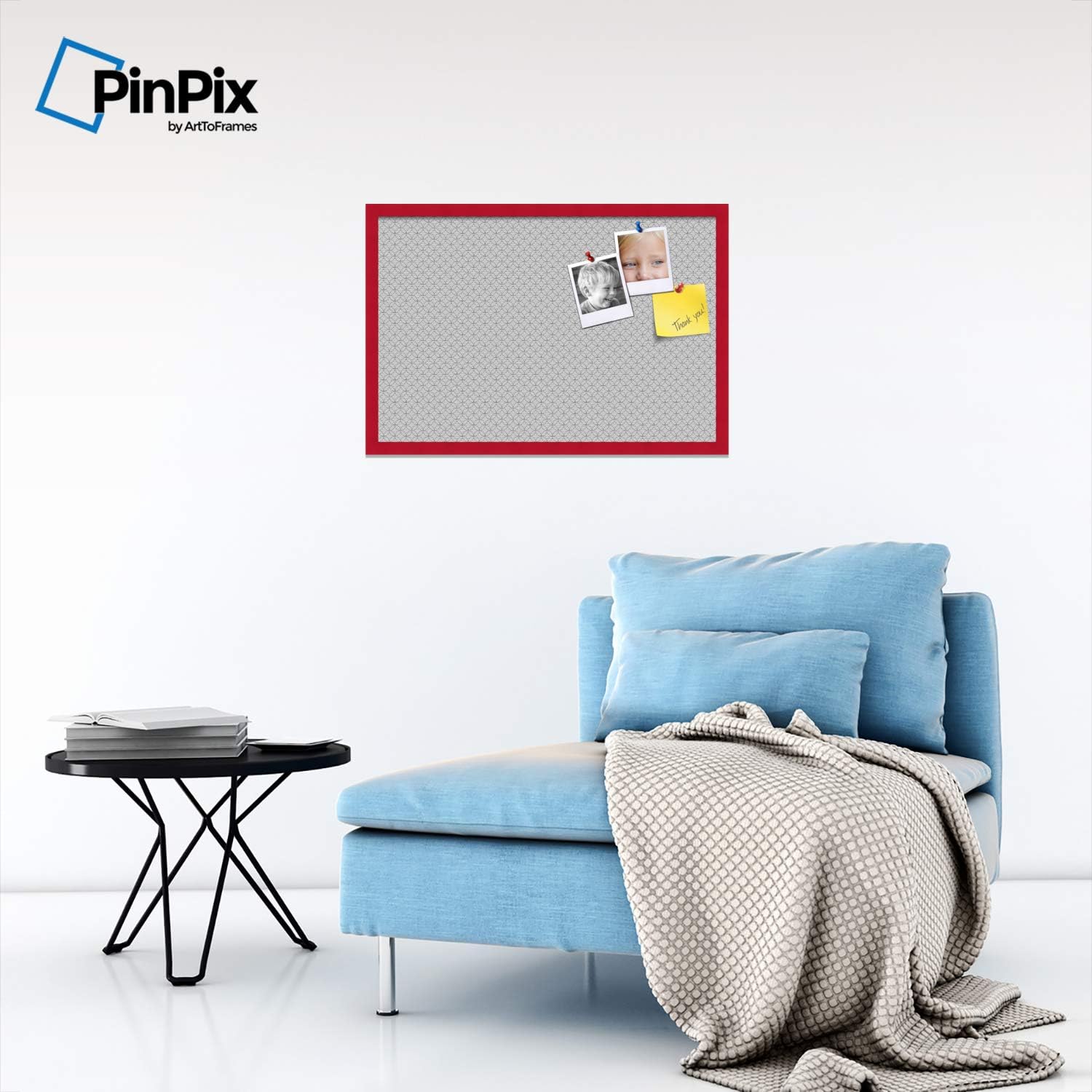 ArtToFrames 30x20 Custom Cork Bulletin Board. This Seamless Circles Black and White Pin Board Has a Fabric Style Canvas Finish, Framed in Red Stain on Beech (PinPix-117-30x20_0066-81792-YRED)