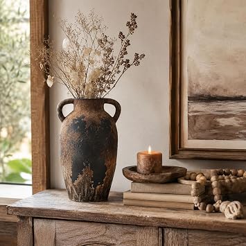 Rustic Ceramic Vase with Handles - 8.7 Inch Terracotta Wabi Sabi Decorative Flower Vase for Home Decor, Farmhouse Vintage Pottery Centerpiece for Table, Shelf Decor, Living Room or Entryway Decorative